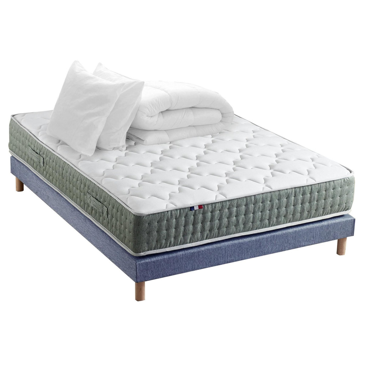 IDLITERIE Ensemble matelas Ressort 7 zones HYGGE + Sommier + couette + oreillers Fabriqué en France