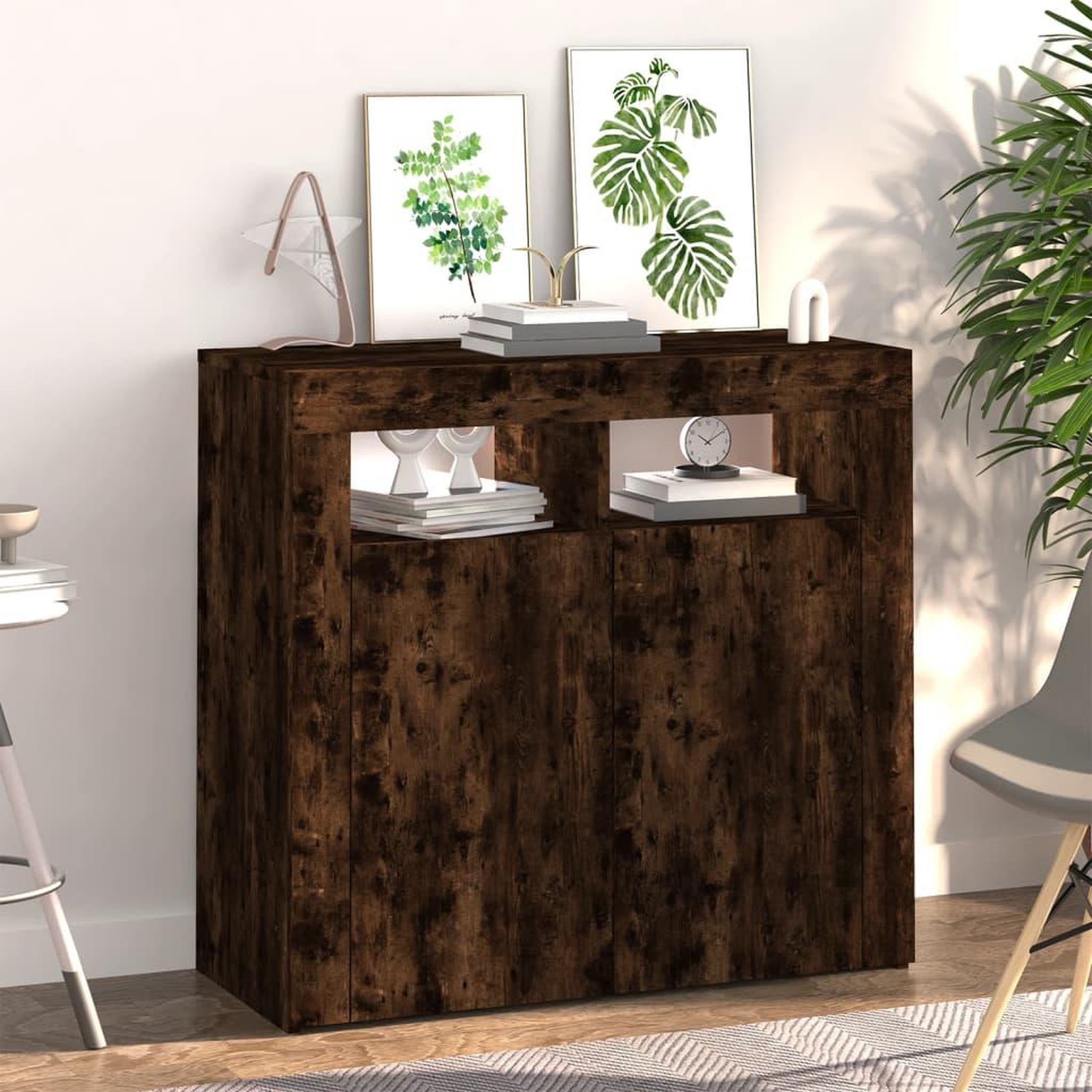 Voir la diapositive 5 : VIDAXL Buffet avec lumieres LED chene fume 80x35x75 cm
