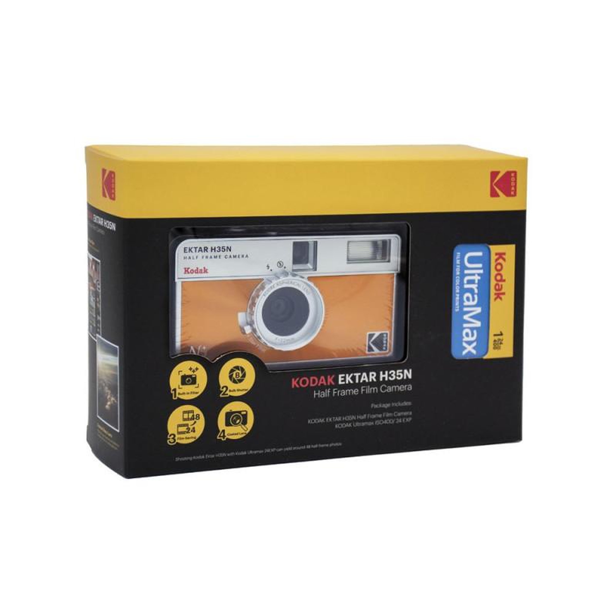 Kodak Appareil photo argentique réutilisable Kodak Ektar H35 N Orange et Argent + Film Kodak Ultramax 24 poses