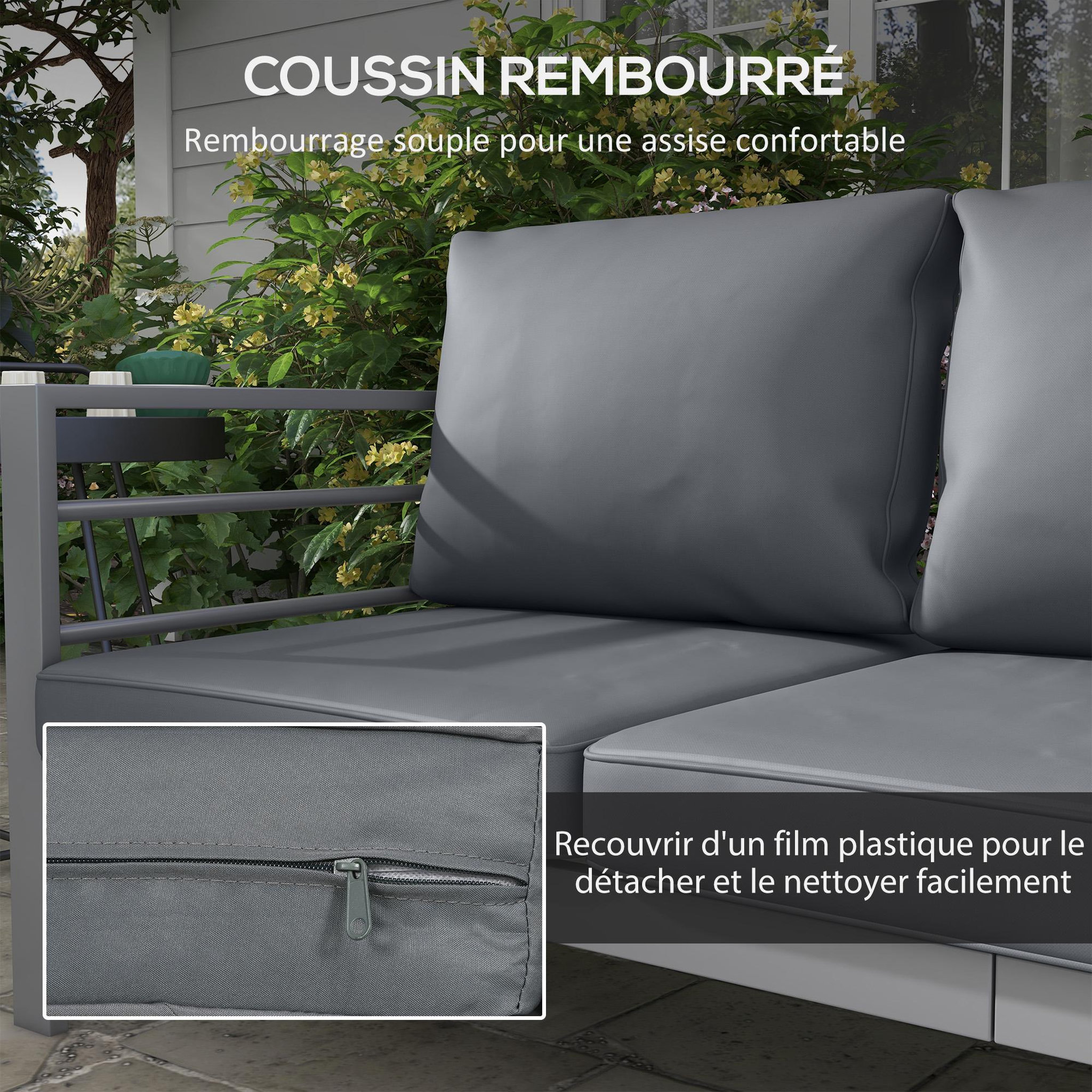 Voir la diapositive 5 : OUTSUNNY Canapé de jardin 3 places design contemporain - dim. 185L x 66l x 64H cm - 6 coussins inclus - alu polyester gris