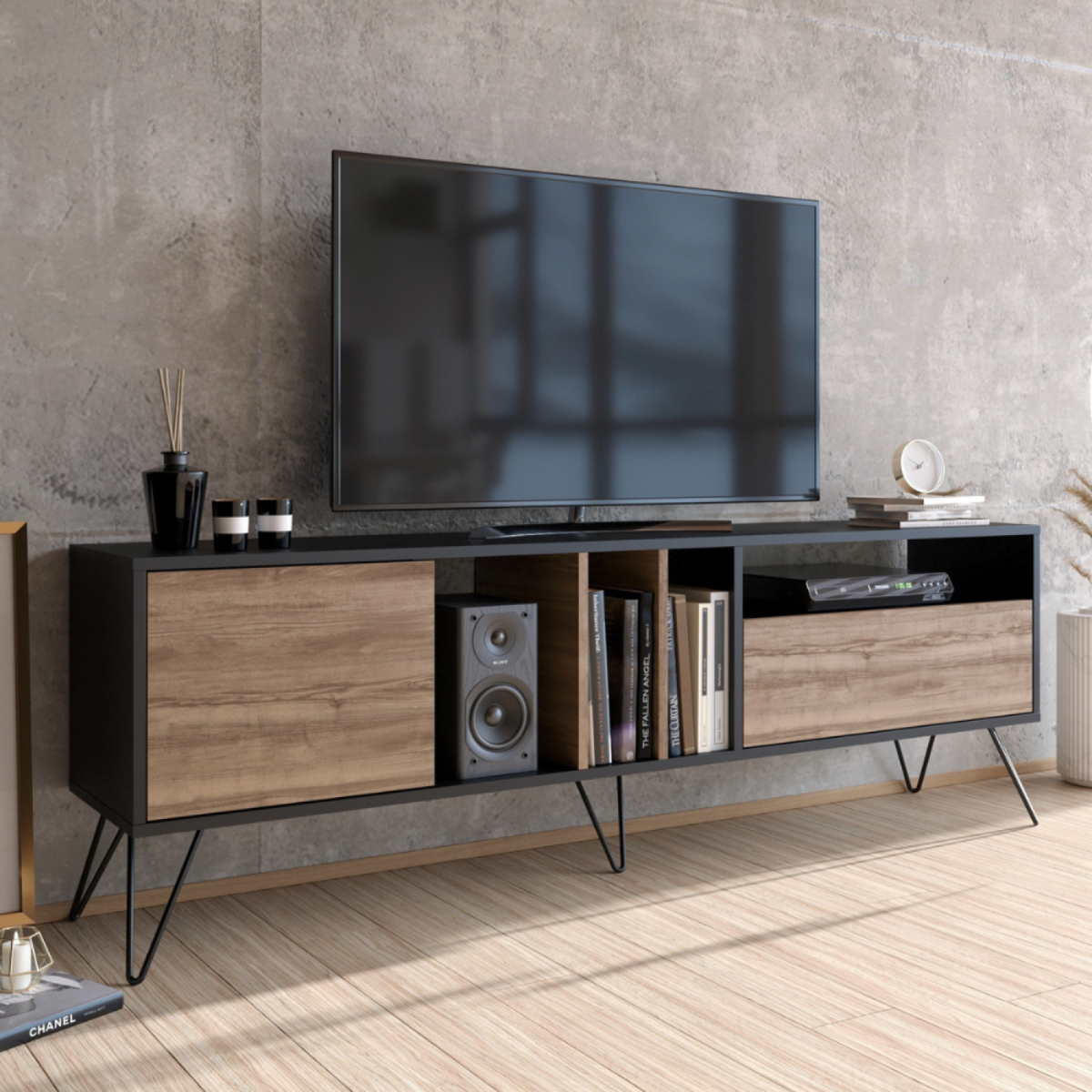 CONCEPT USINE Meuble TV industriel bois et noir avec rangement 180 cm BAYLEE