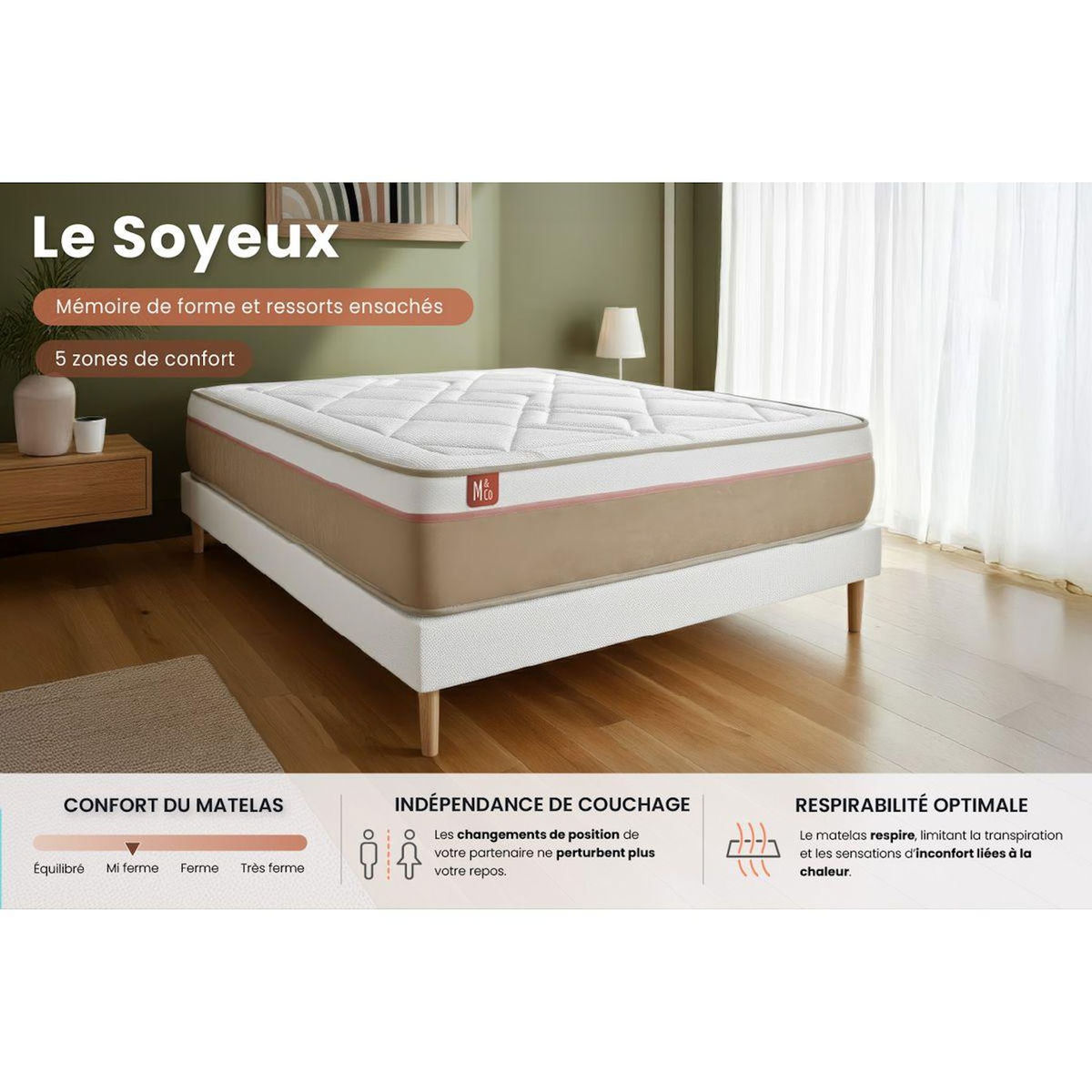 MARMOTTES&CO Pack prêt à dormir matelas LE SOYEUX 160x200cm Ressorts ensachés + Mémoire de forme BioVisco + sommier kit Beige