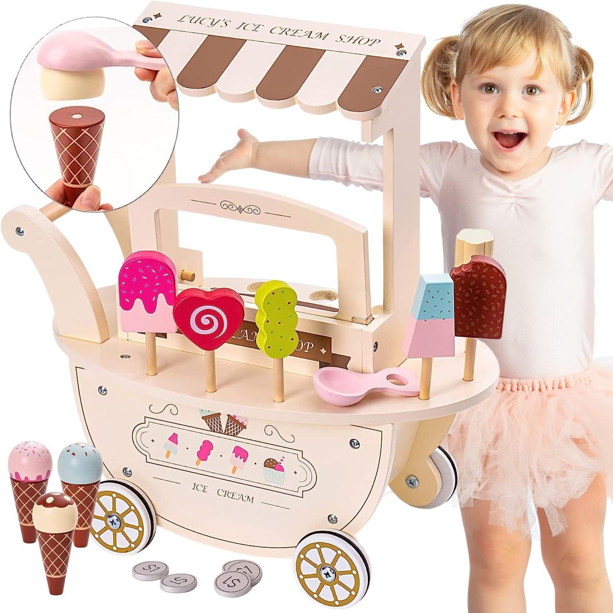 MAMABRUM Marchande Enfant, Marchande Glace en sur Roues avec poignée & Accessoires, Chariot Jouet en bois