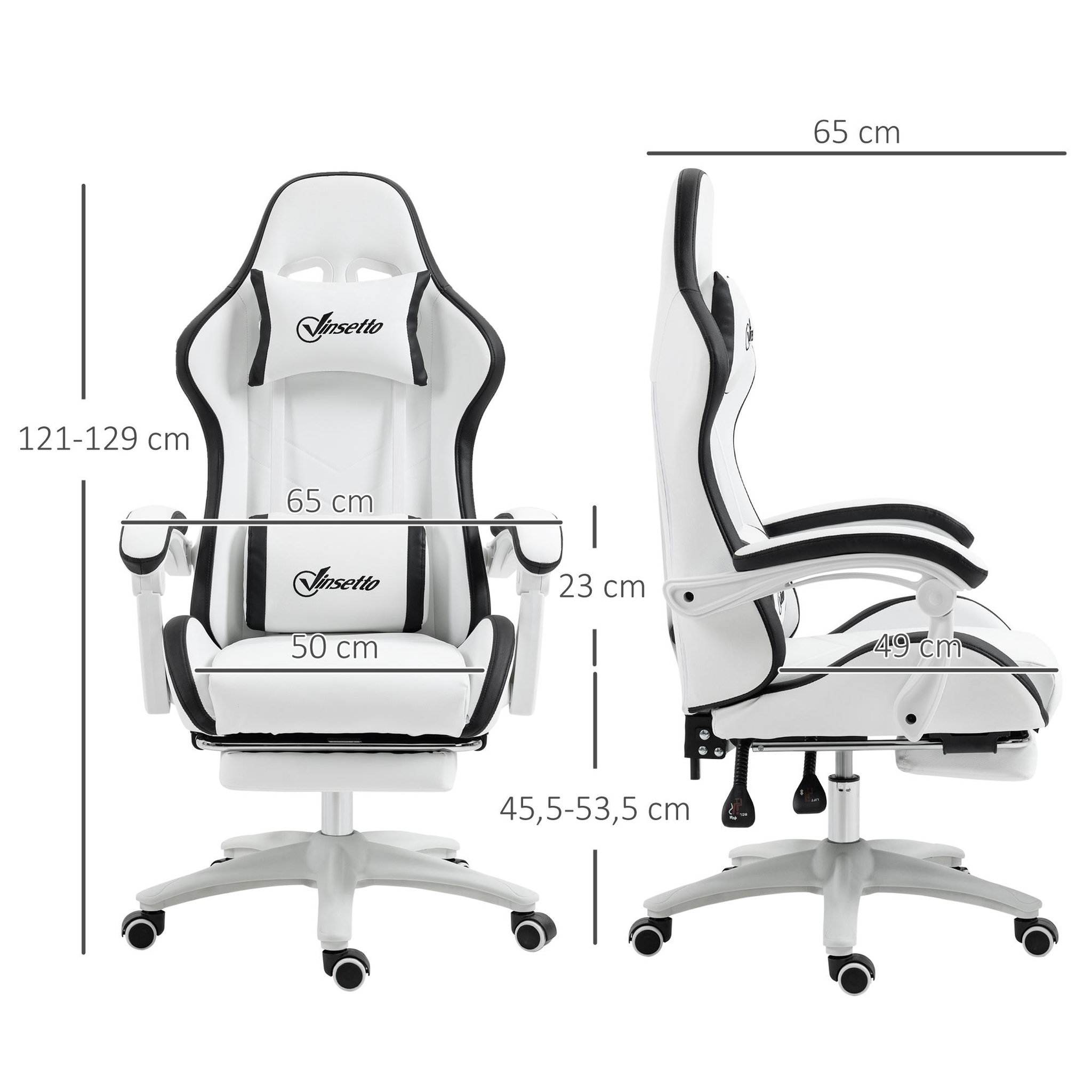 Voir la diapositive 3 : VINSETTO Chaise de bureau gaming - inclinable, pivotant, réglable - coussins lombaires têtière inclus - noir blanc