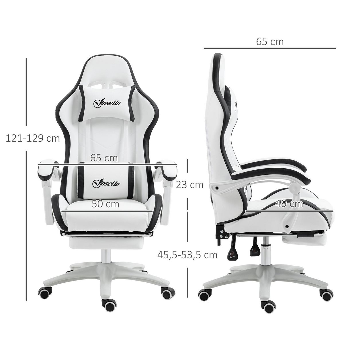 VINSETTO Chaise de bureau gaming - inclinable, pivotant, réglable - coussins lombaires têtière inclus - noir blanc
