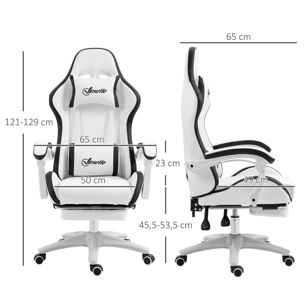VINSETTO Chaise de bureau gaming - inclinable, pivotant, réglable - coussins lombaires têtière inclus - noir blanc