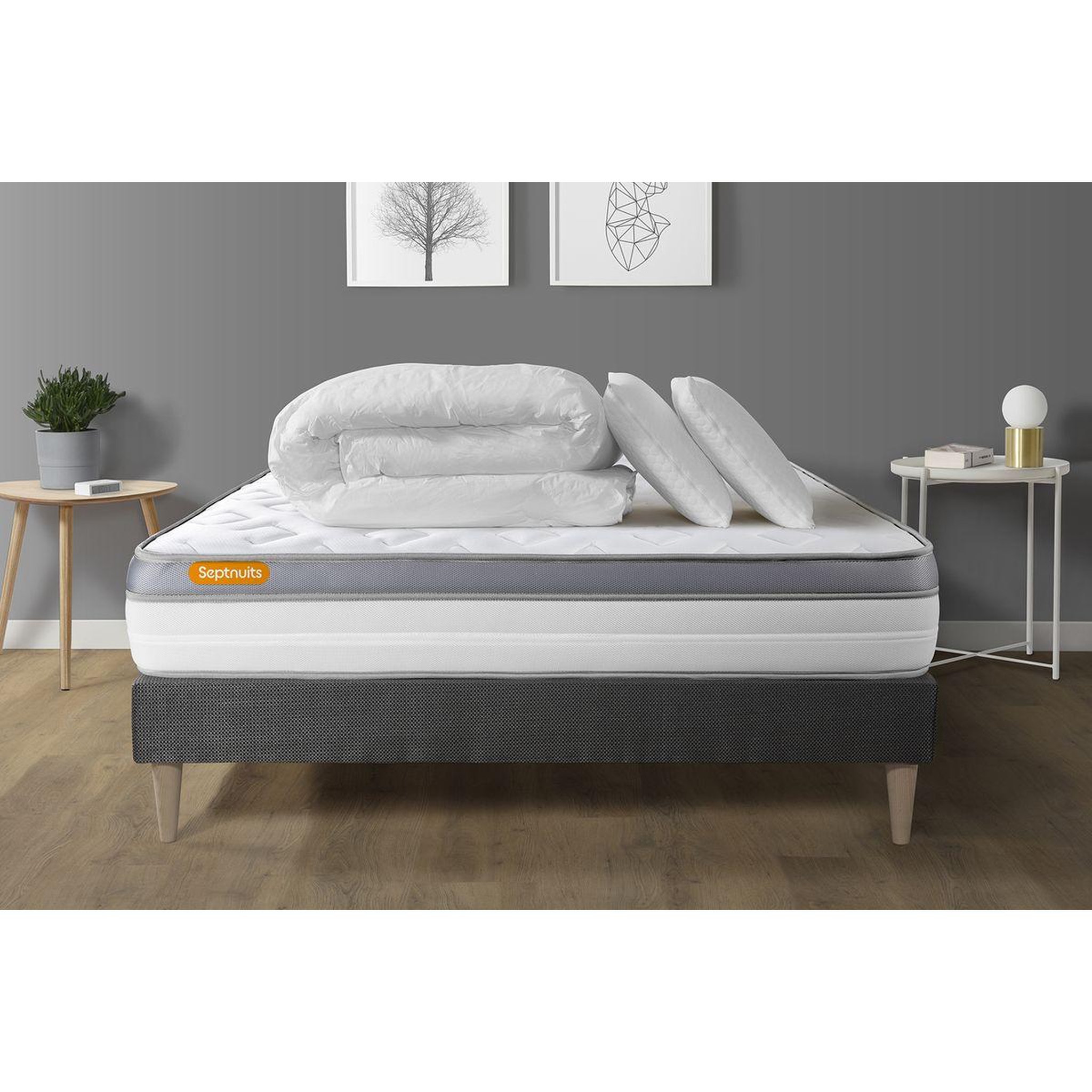 Voir la diapositive 1 : SEPTNUITS Pack matelas + sommier kit gris Memo Zen Mousse à mémoire de forme MAXI épaisseur + Couette + 2 oreillers