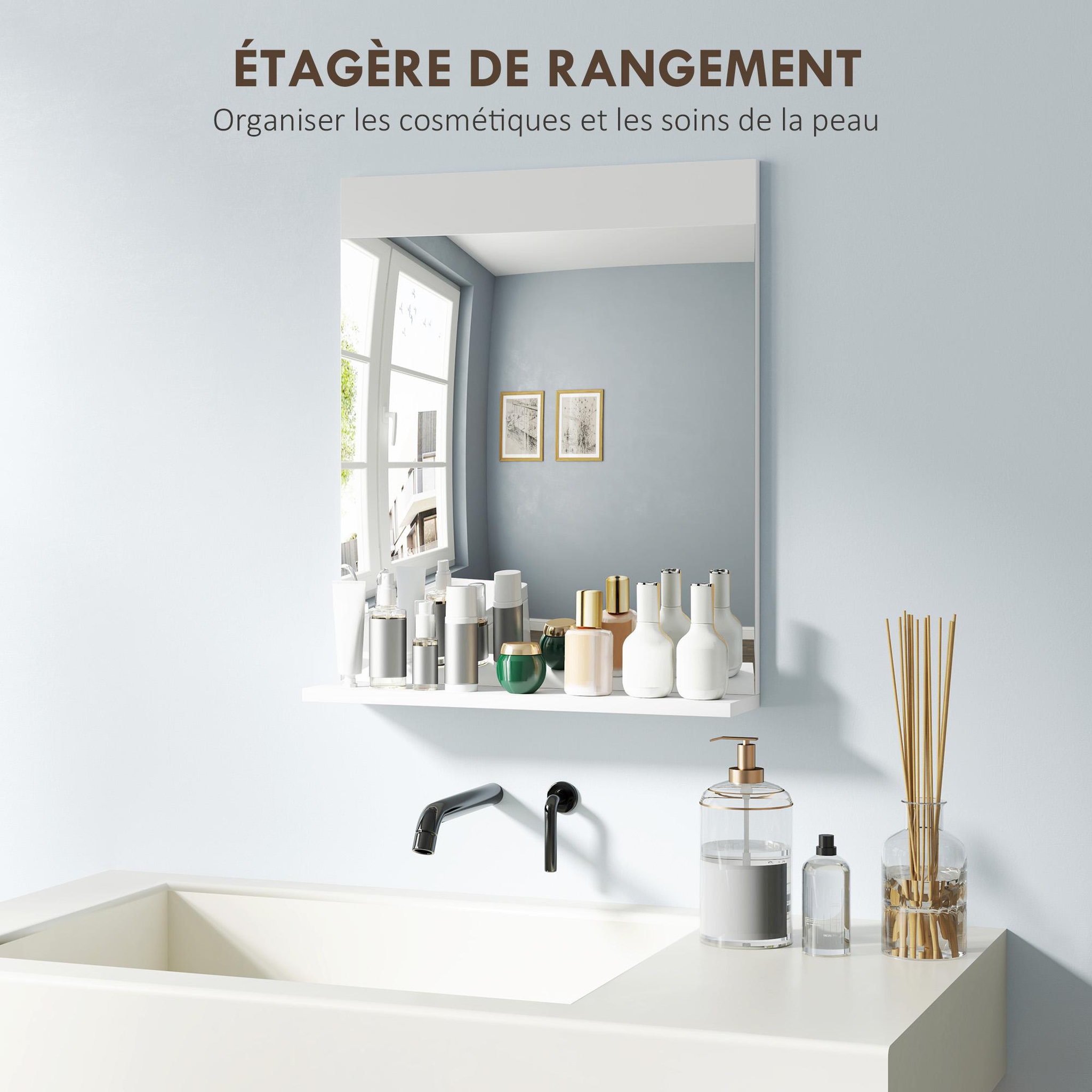 Voir la diapositive 6 : HOMCOM Miroir de salle de bain mural avec étagère intégrée - dim. 50 x 12 x 60 cm - blanc