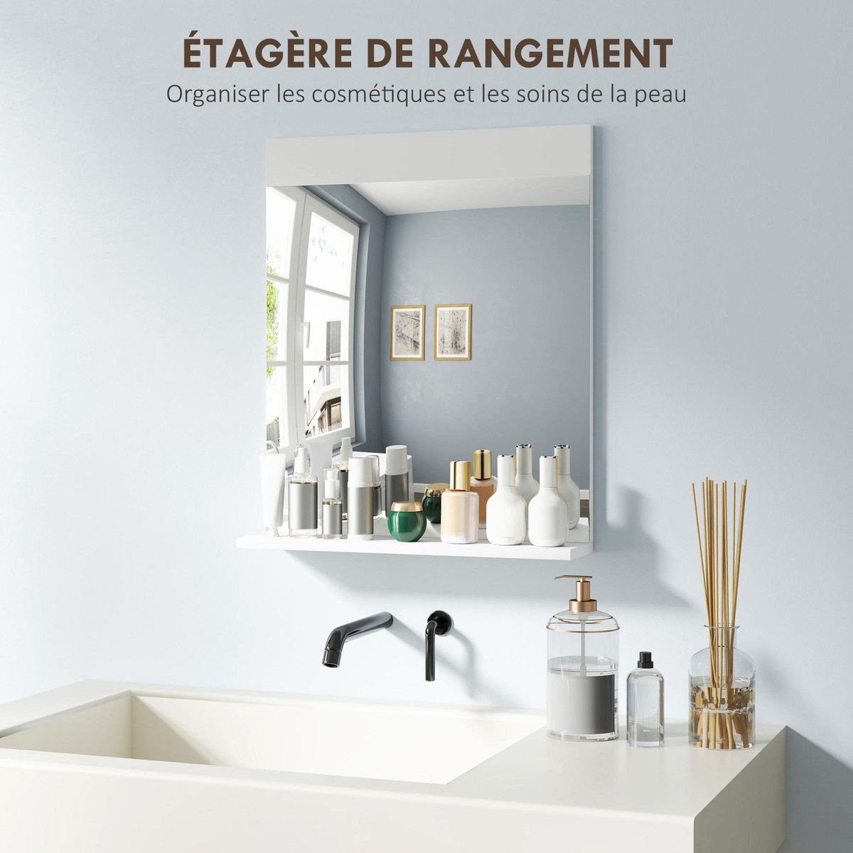 HOMCOM Miroir de salle de bain mural avec étagère intégrée - dim. 50 x 12 x 60 cm - blanc
