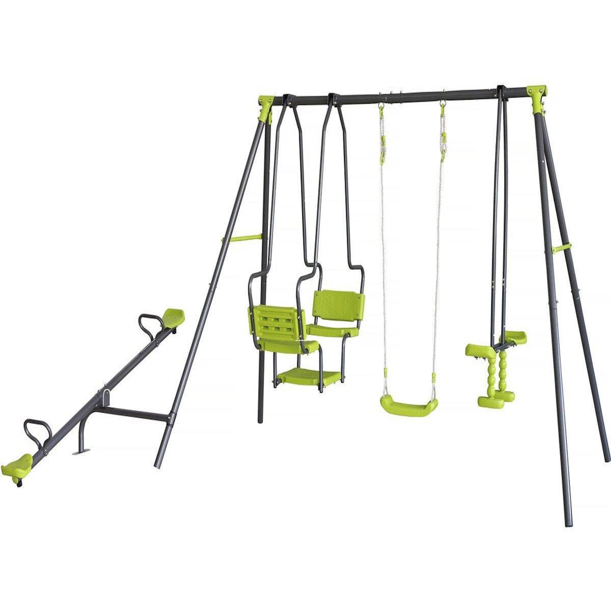 Habitat et Jardin Portique de jeu en métal avec balançoire a bascule  Lenny  - 4 agrès - Vert