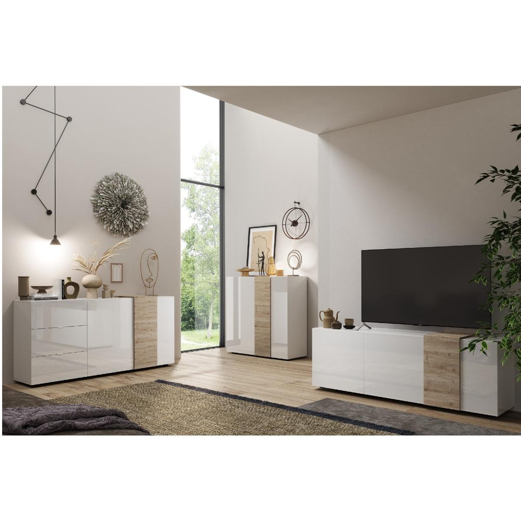 Voir la diapositive 6 : JLC KREATION Buffet haut moderne blanc et bois 2 portes SIA