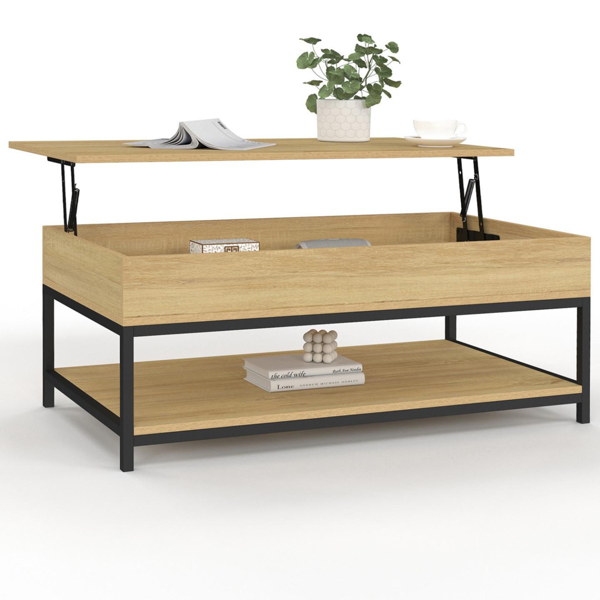 ID MARKET Table basse plateau relevable rectangulaire detroit 100 cm et étagère inférieure design industriel