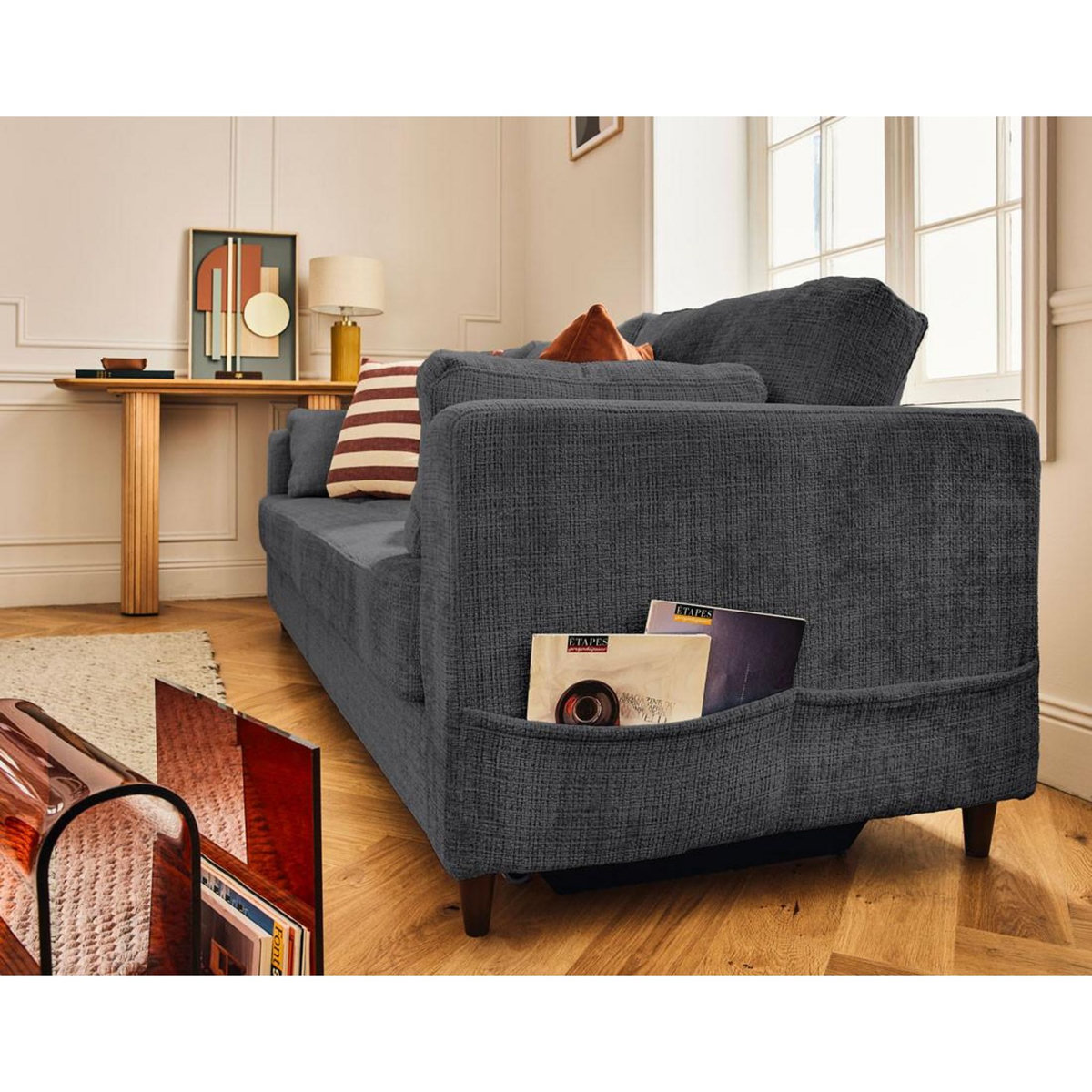 LISA DESIGN Anna - canapé droit 3 places convertible avec poche en velours texturé