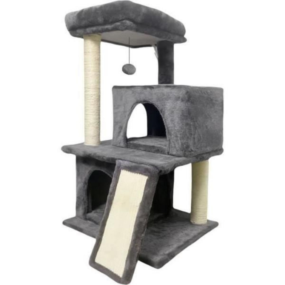 MARKET24 FLOPI Arbre a chat gris foncé- 44,5 x 48 x 86 cm - Gris foncé - 1 plateforme, 1 balle de jeu, 2 niches, 1 rampe