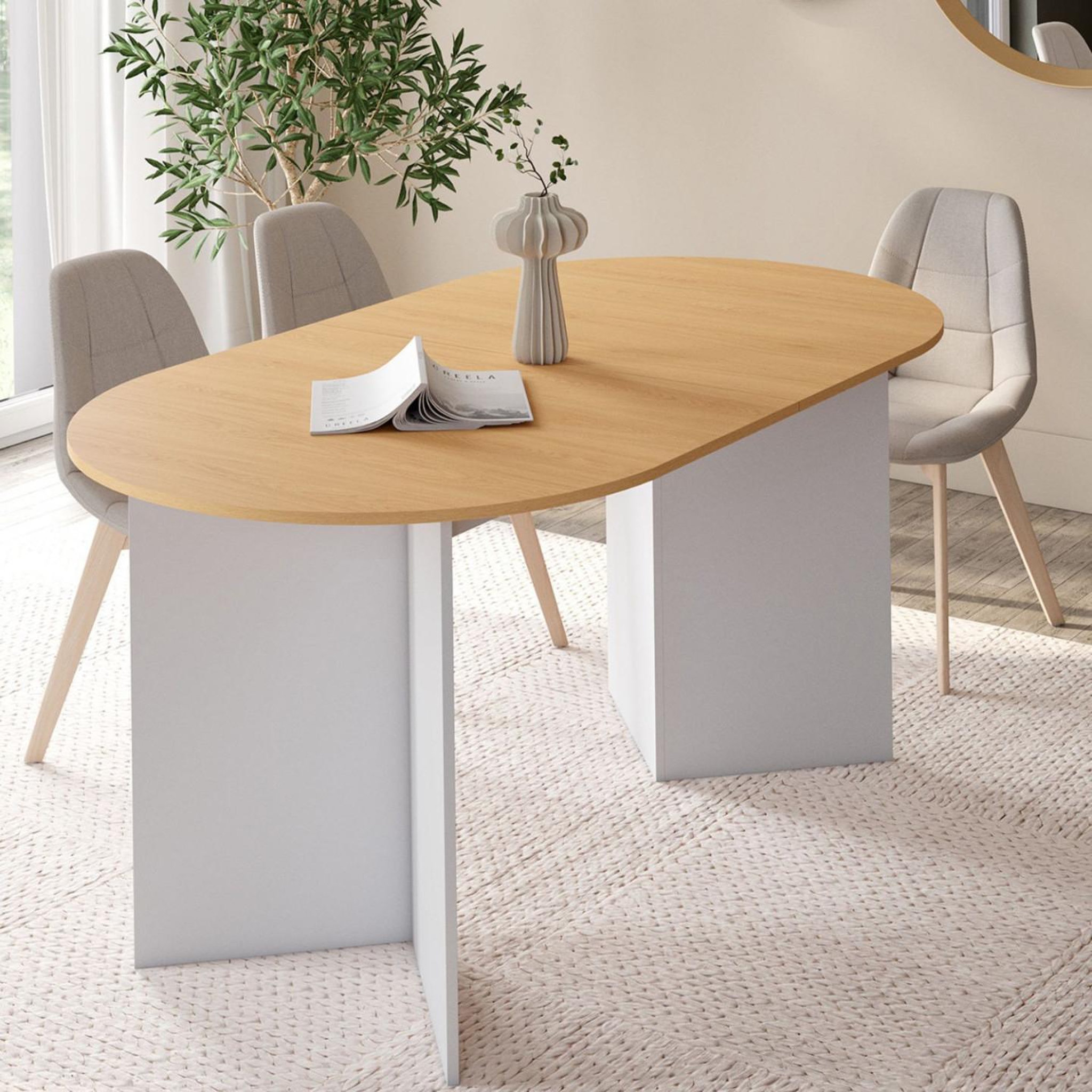 Voir la diapositive 4 : ID MARKET Table à manger extensible ovale marthe 6 -10 personnes bois façon hêtre et blanc 160-200 cm