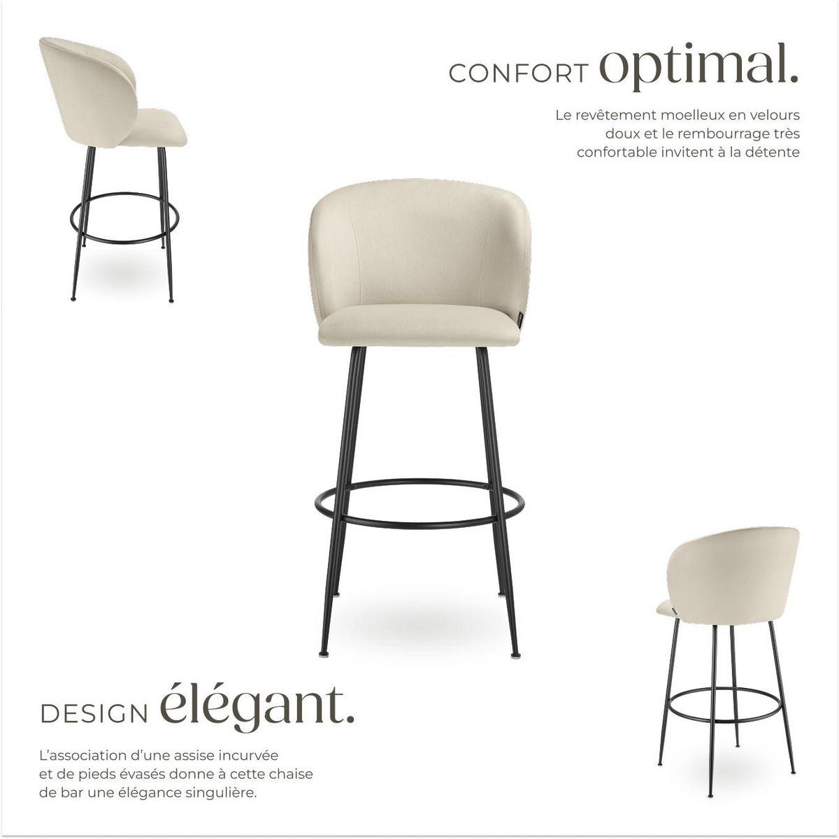 tectake Chaise de bar en velours rembourré crème/noir Ensemble de 4 pièces