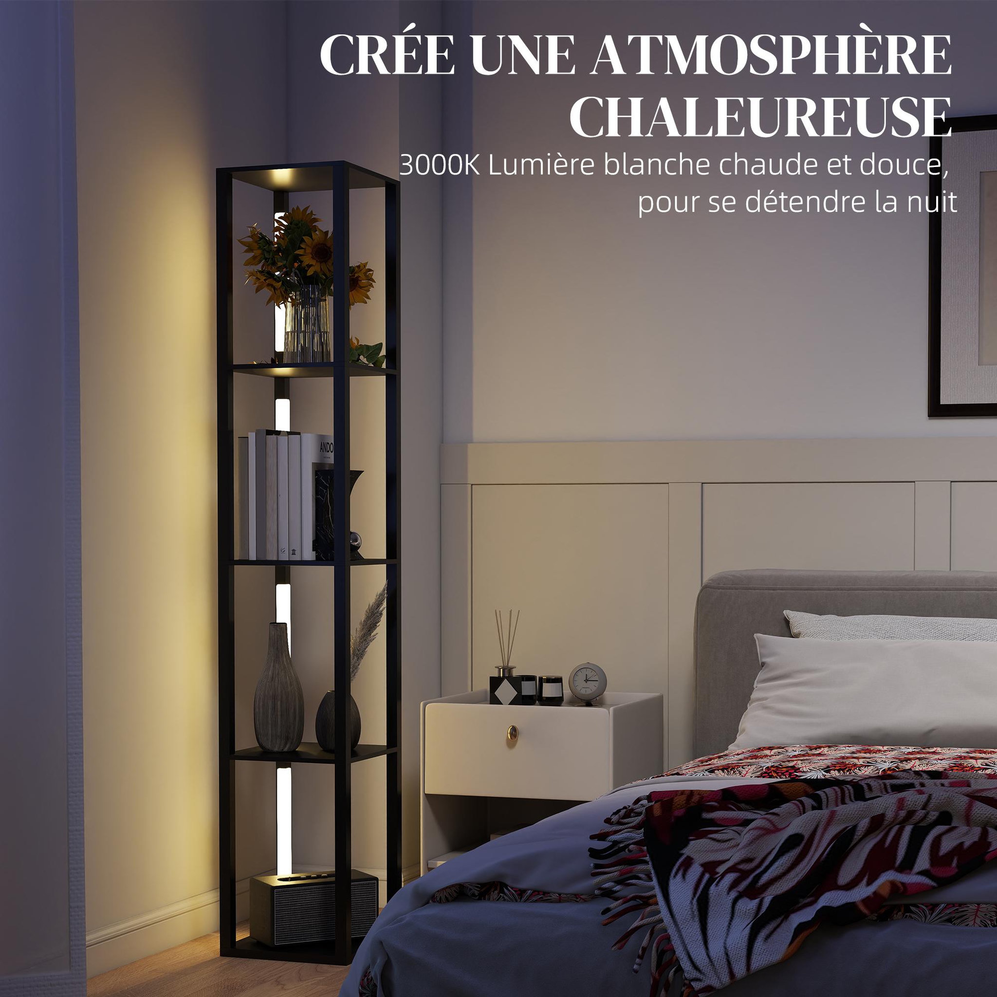 Voir la diapositive 2 : HOMCOM Lampadaire étagères design led h.163 cm 4 niveaux luminosité réglable mdf noir