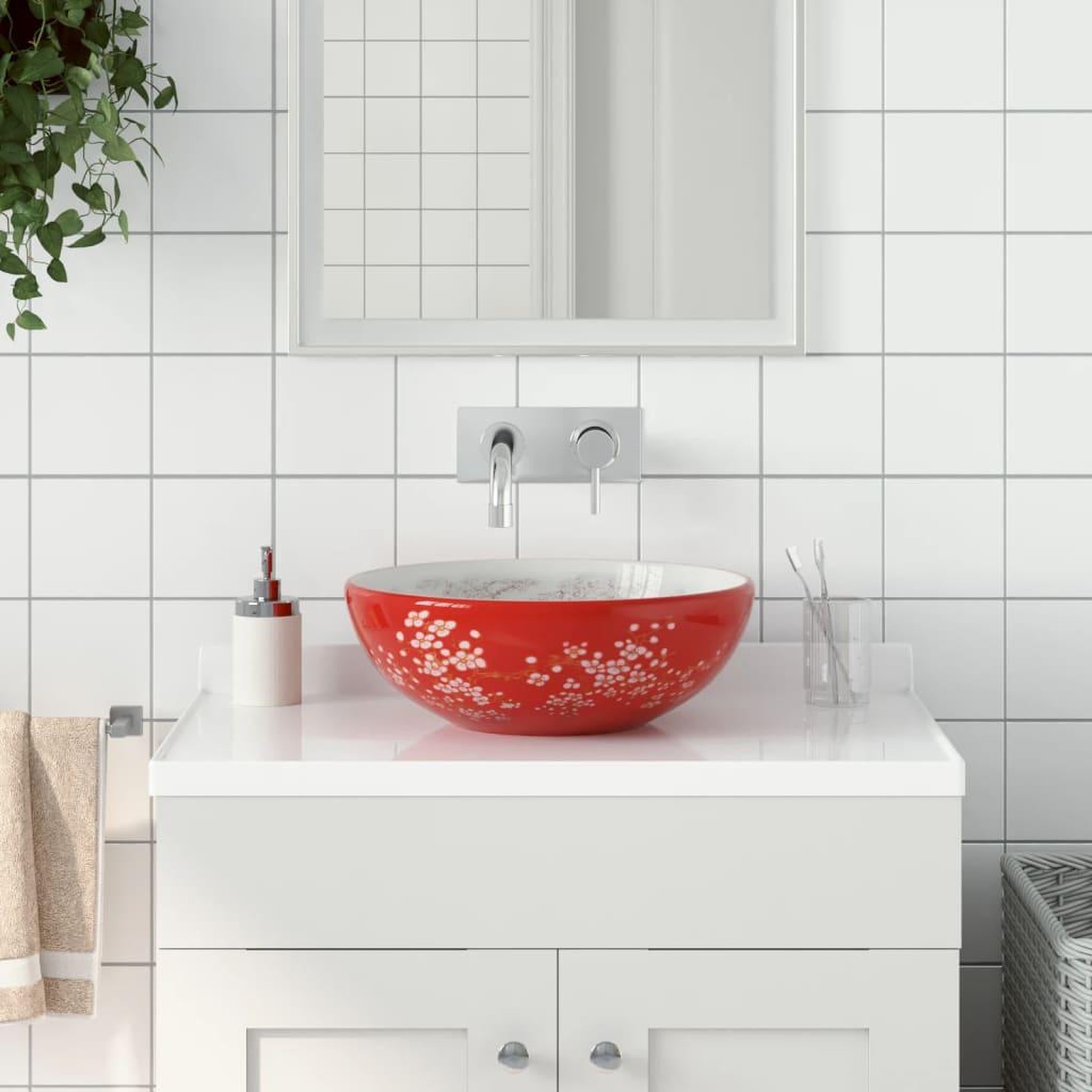 VIDAXL Vasque a poser blanc et rouge rond Φ41x14 cm ceramique