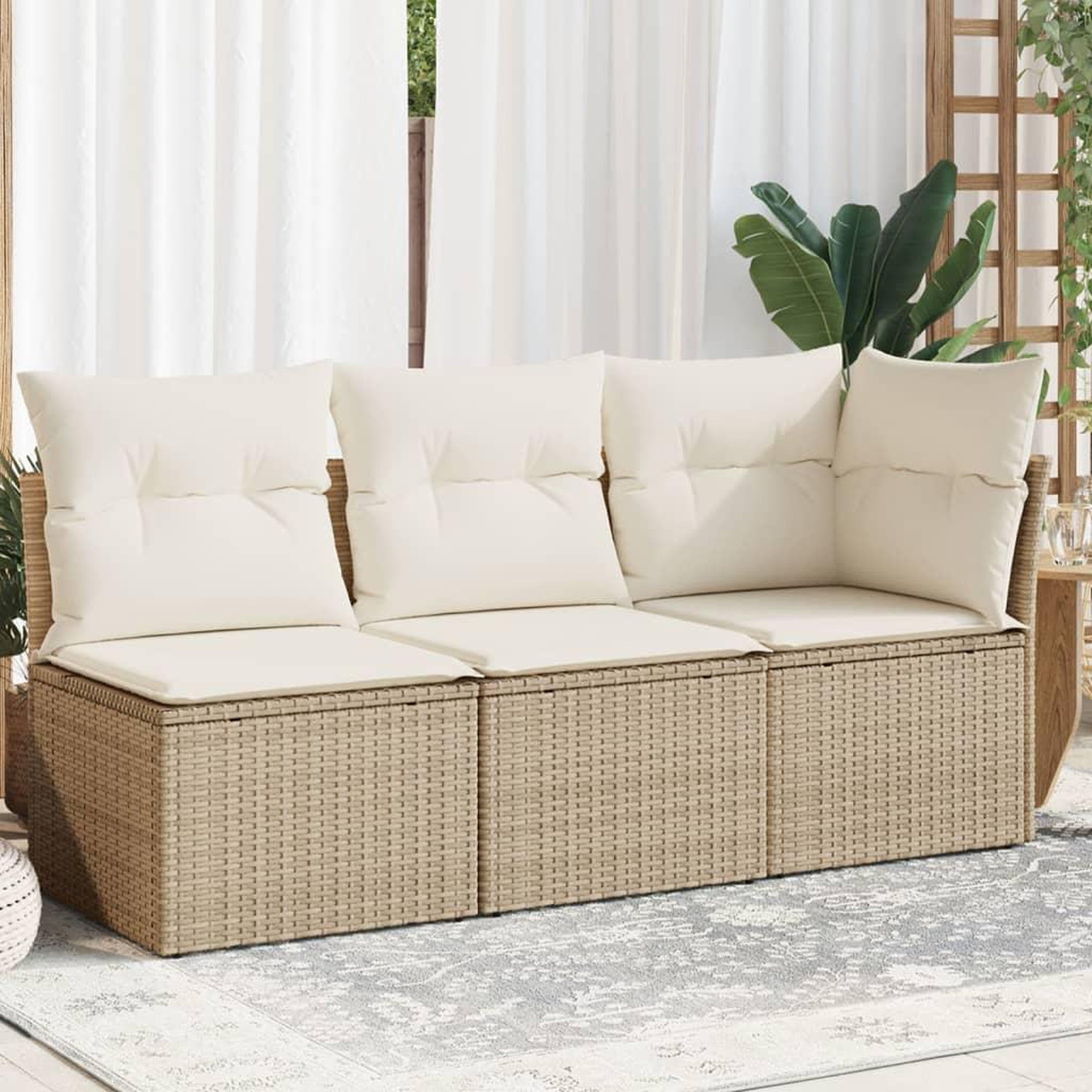 VIDAXL Canape de jardin avec coussins 3 places beige resine tressee