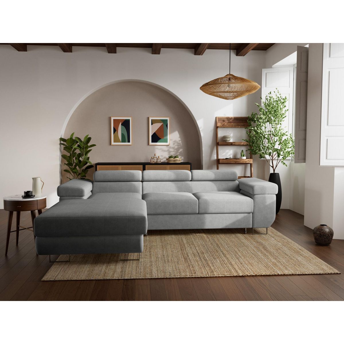 BEST MOBILIER Pablo - canapé d'angle gauche - 6 places - convertible avec coffre et têtières réglables - en velours côtelé