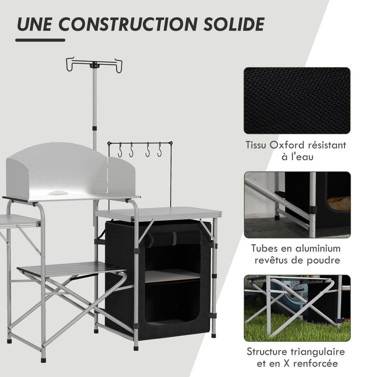OUTSUNNY Rangement cuisine de camping pliable étagères tablette station de cuisson alu tissu noir