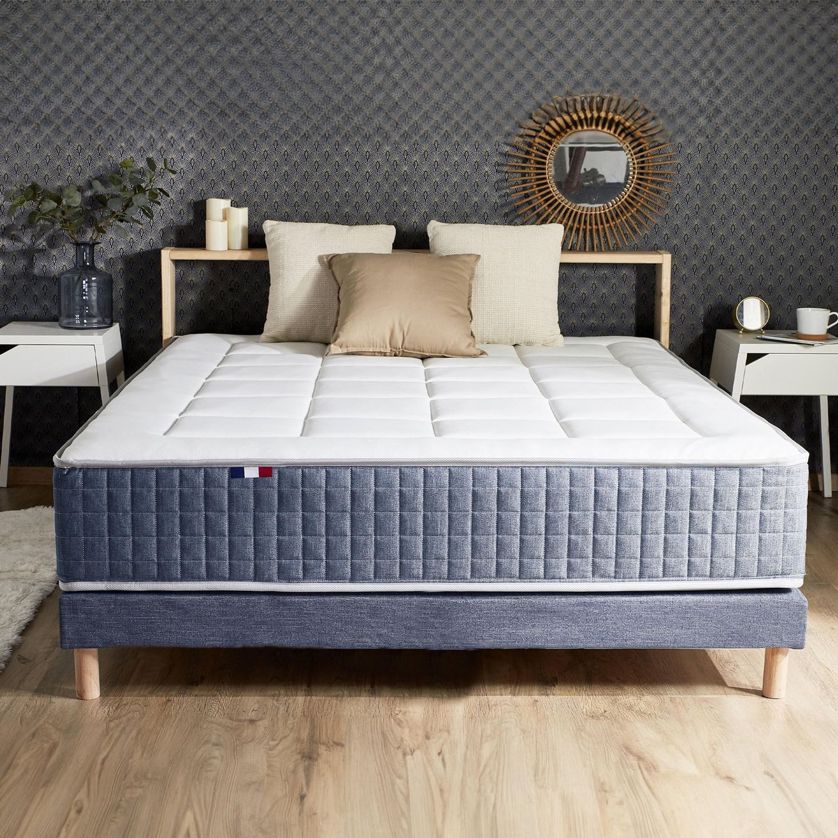 IDLITERIE Ensemble Matelas Ressort 7 zones + Mémoire de forme + Sommier KING STYLE + couette + oreillers - Fabriqué en France