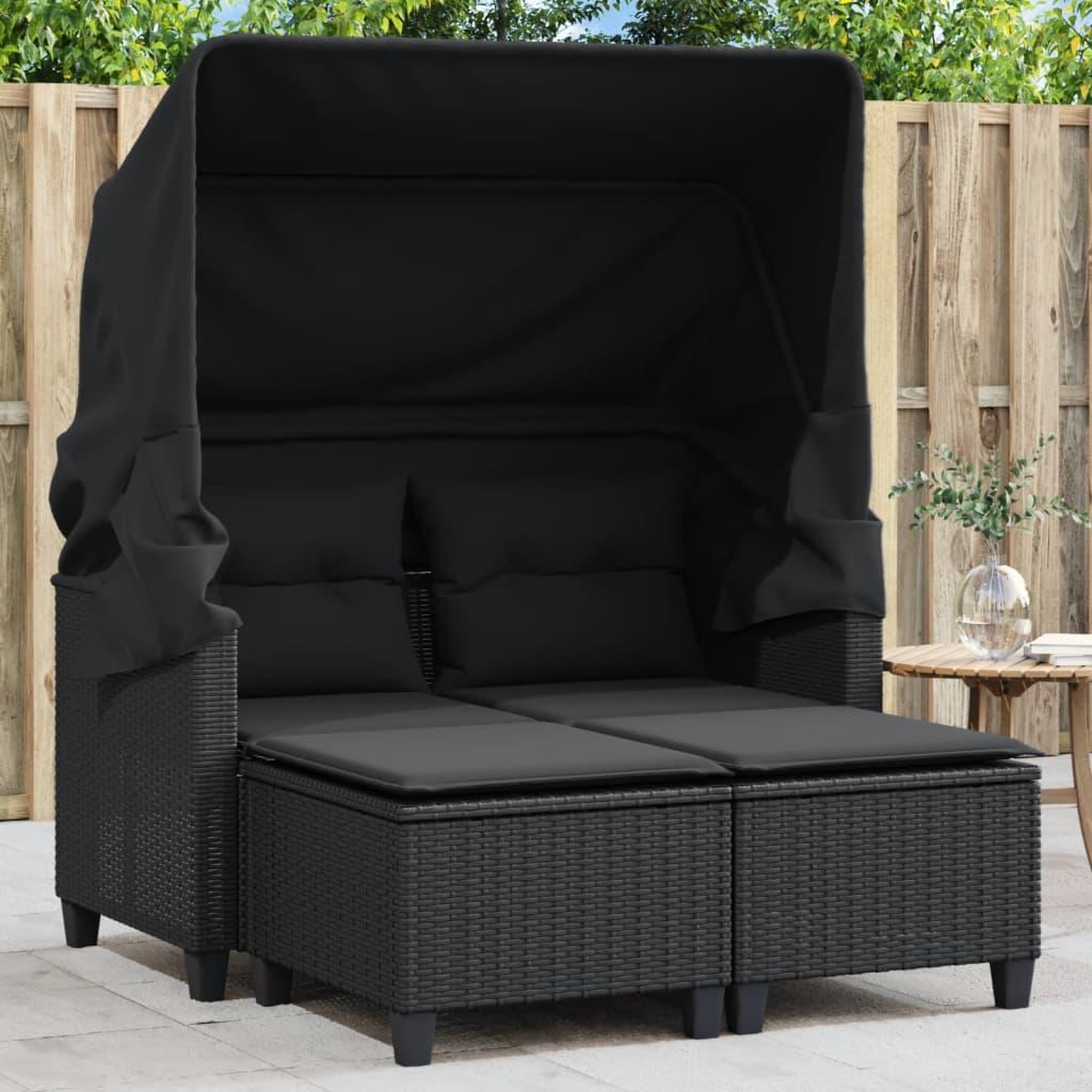 VIDAXL Canape de jardin 2 places avec auvent et tabourets noir rotin