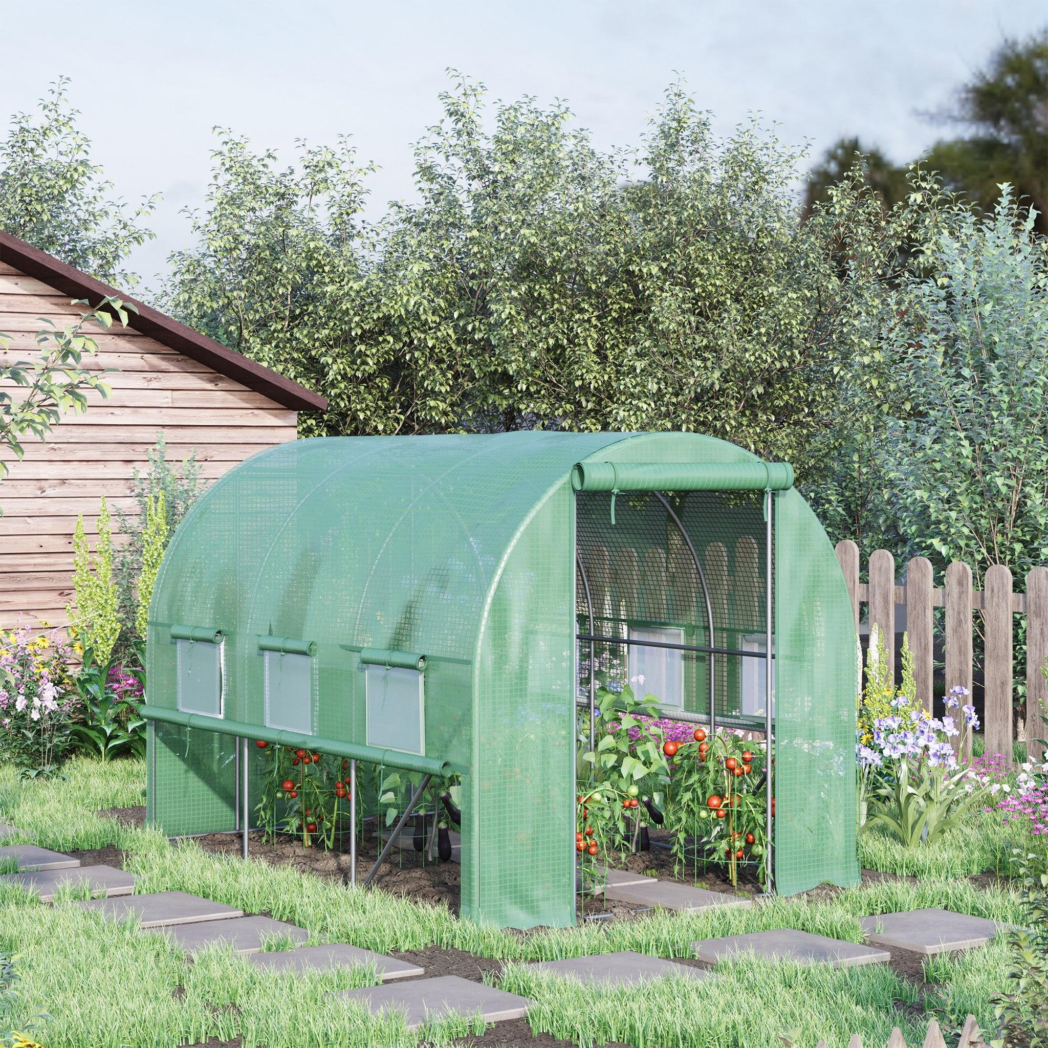 Voir la diapositive 2 : OUTSUNNY Serre de jardin tunnel 6 m² 6 fenêtres porte zippée acier galvanisé pe vert
