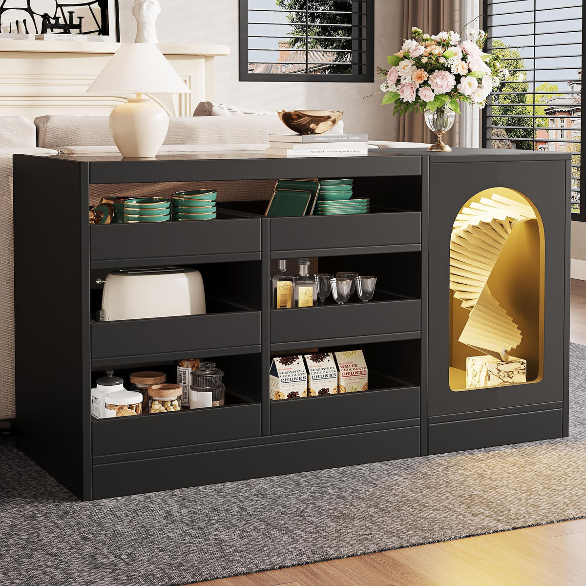 MERAX Buffet 1 porte(s) 6 tiroir(s) - 120 cm noir led mdf