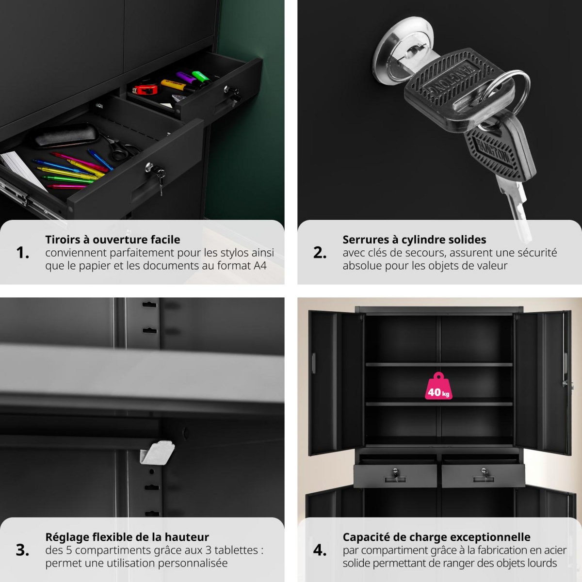 tectake Armoire de classement en métal en acier lâqué époxy noir/noir
