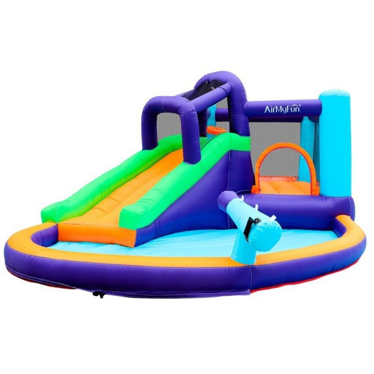 AIRMYFUN Château Aquatique Gonflable Magic Island avec toboggan et canons à eau, 430x380x190 cm - souffleur et sac de rangement inclus