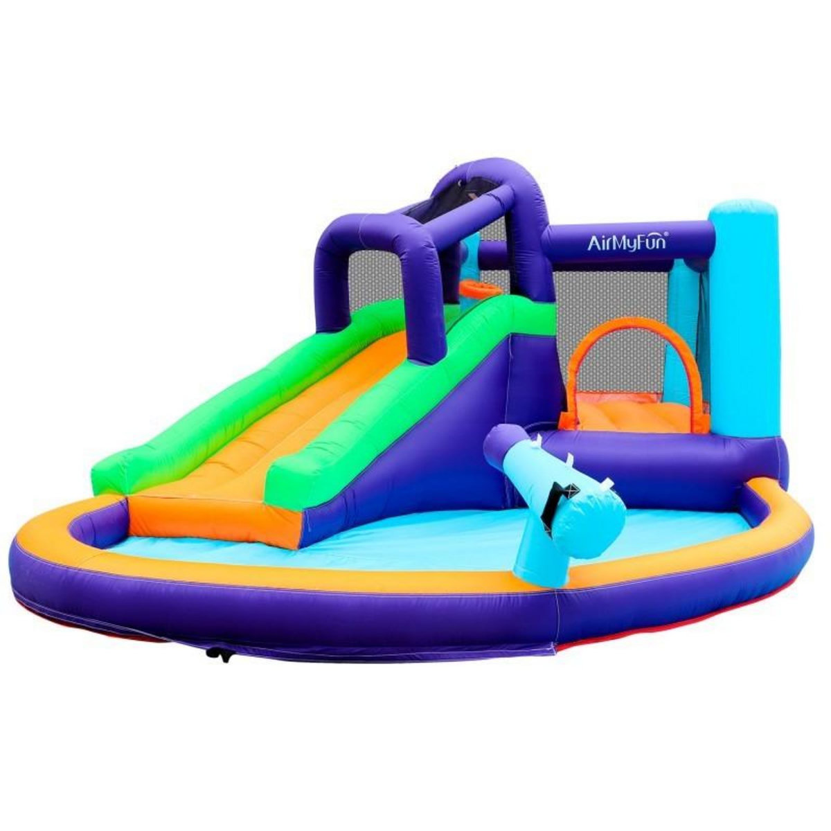 AIRMYFUN Château Aquatique Gonflable Magic Island avec toboggan et canons à eau, 430x380x190 cm - souffleur et sac de rangement inclus