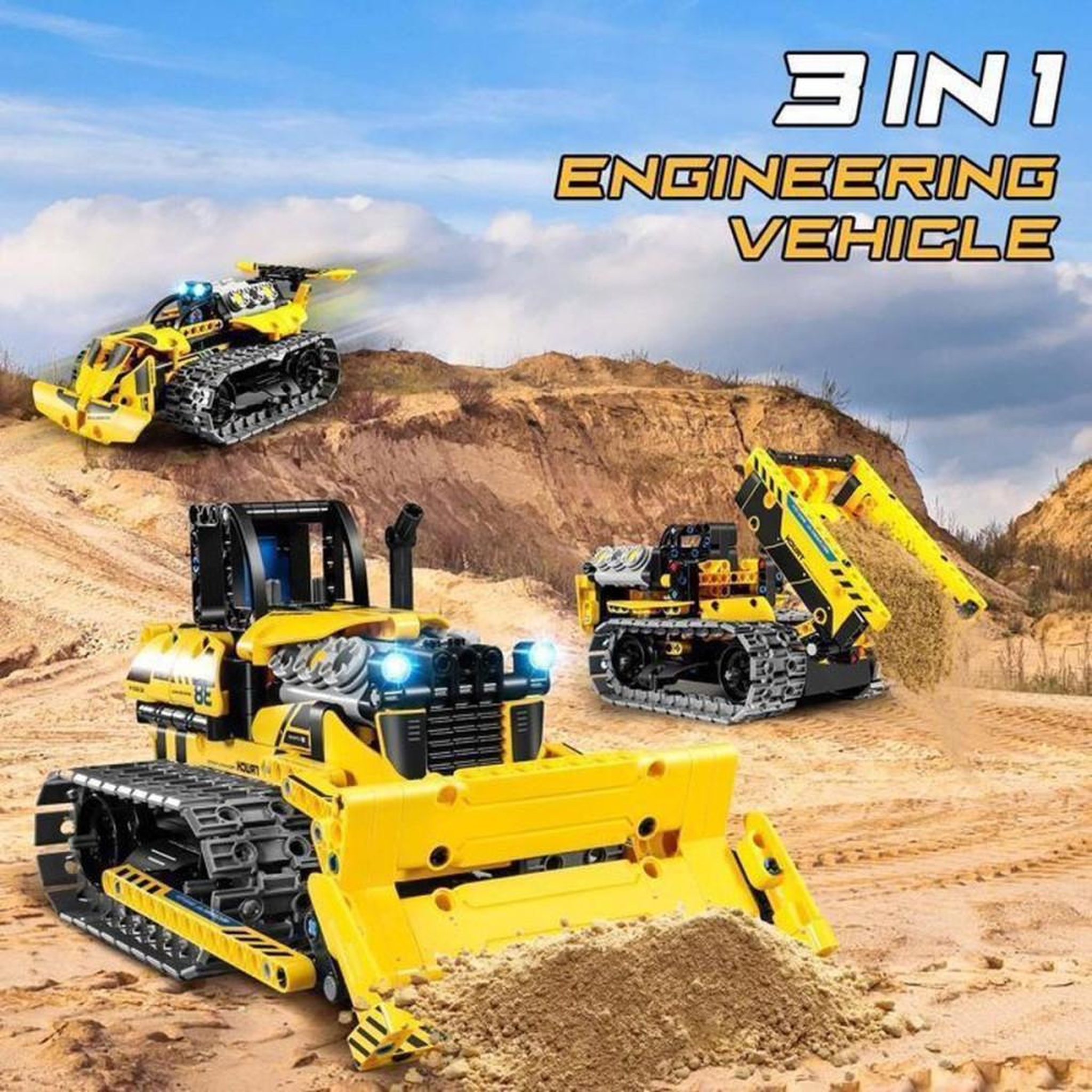 Voir la diapositive 2 : Coffret de construction RC 3 en 1 programmable 2,4 GHz 452 pièces – bulldozer, benne et véhicule chenillé