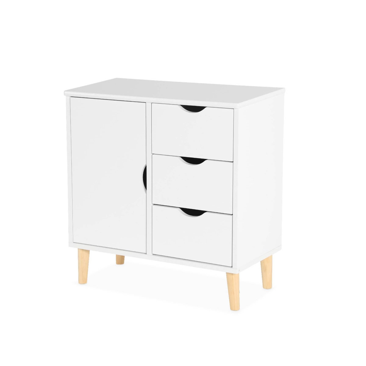 SWEEEK Commode enfant. 1 porte et 3 tiroirs. 2 étagères. blanc. pieds en pin