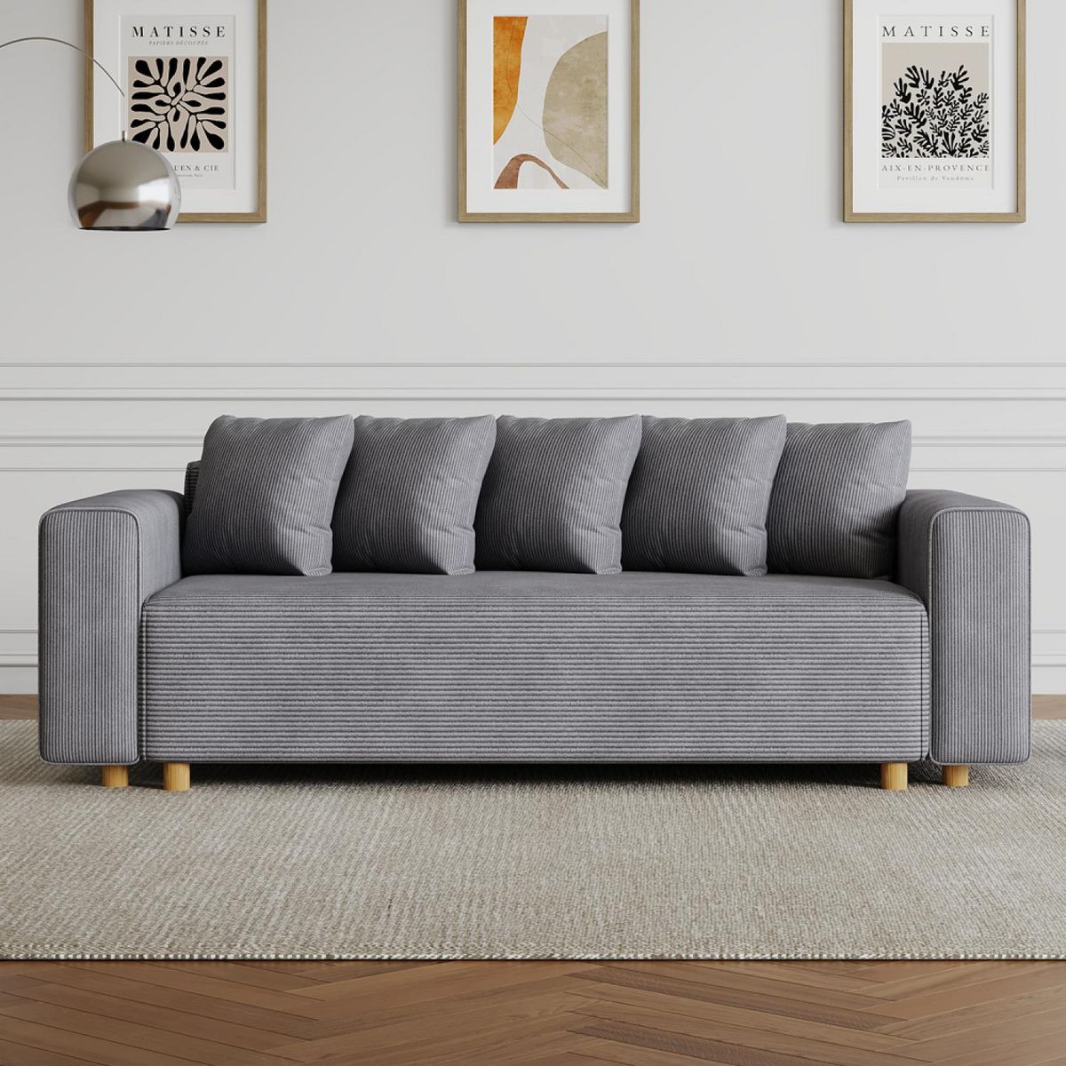 CONCEPT USINE Canapé convertible 3 places en velours côtelé gris KOLDING