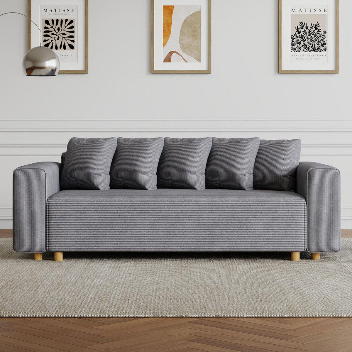CONCEPT USINE Canapé convertible 3 places en velours côtelé gris KOLDING