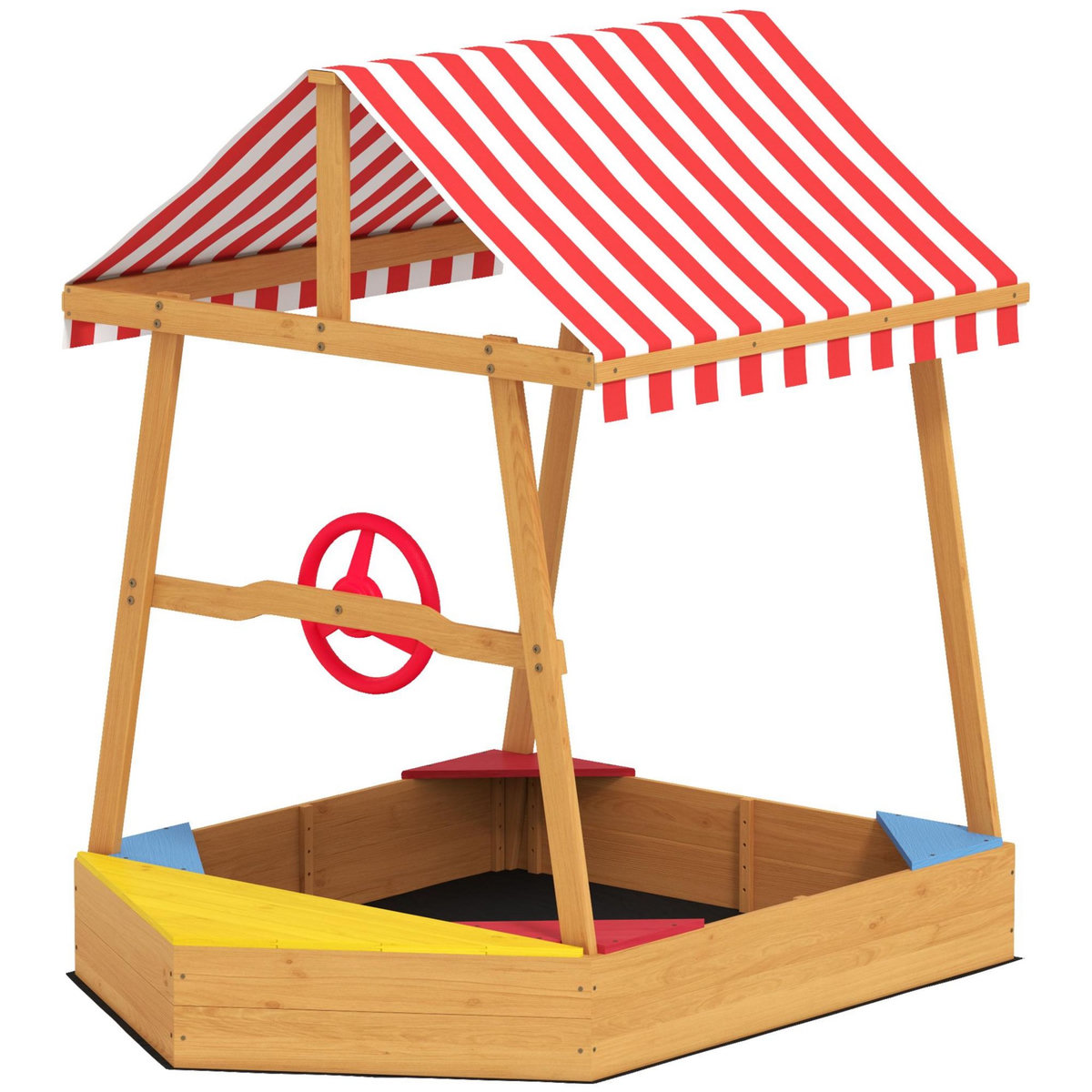 HOMCOM Bac à sable en bois design bateau enfant - sièges, store double pente, gouvernail - bois pré-huilé