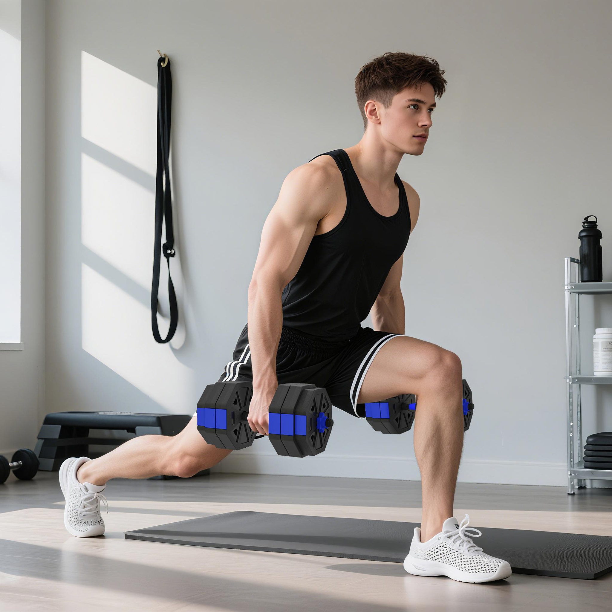 Voir la diapositive 5 : HOMCOM Ensemble d'haltères musculation multifonction 4 en 1 - haltères, kettlebell, push-up support, olympic barre - total 30kg - pvc bleu noir