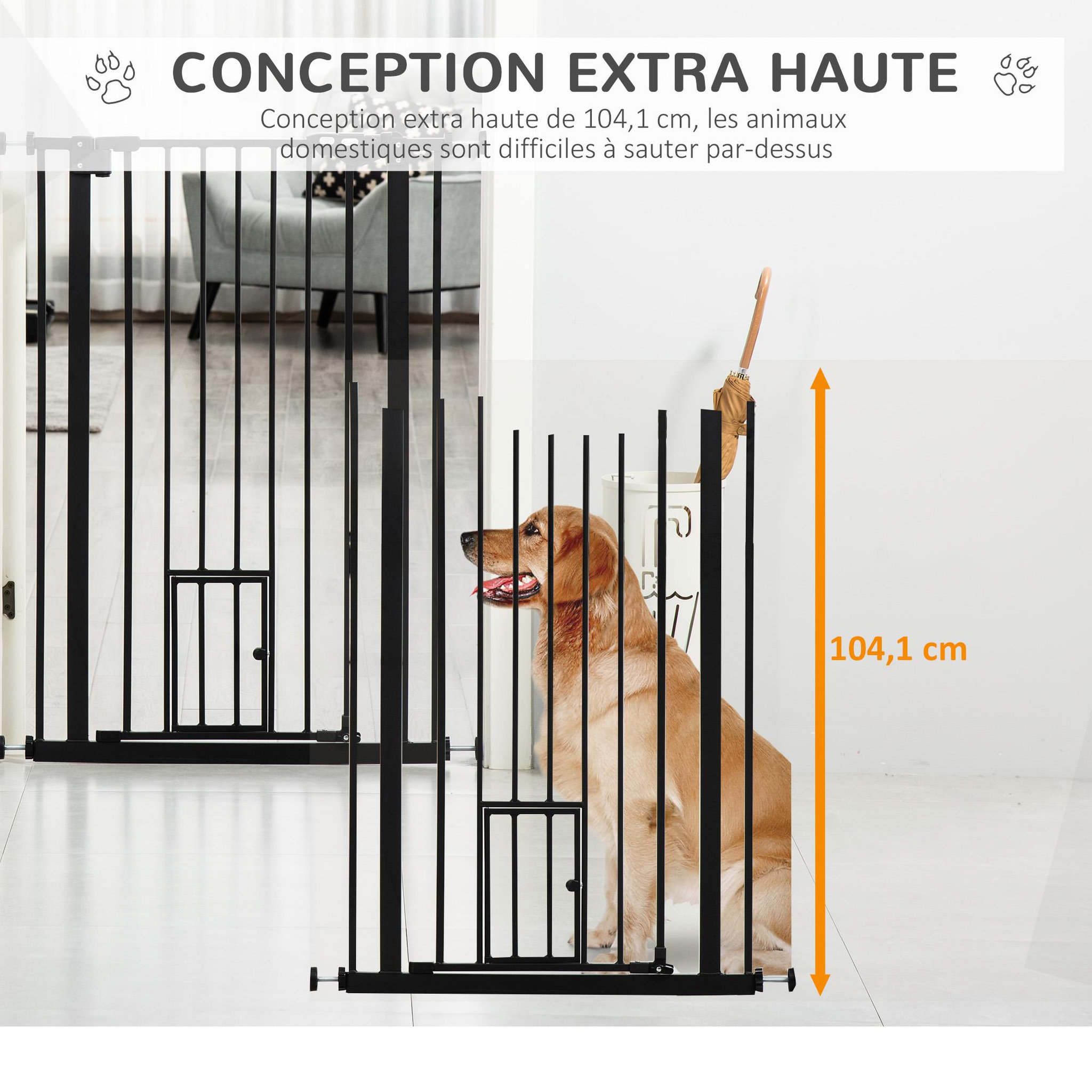 Voir la diapositive 6 : PAWHUT Barrière de sécurité animaux - longueur réglable dim. 74-80 cm - porte double verrouillage, ouverture double sens, petite porte -sans perçage - acier plastique noir