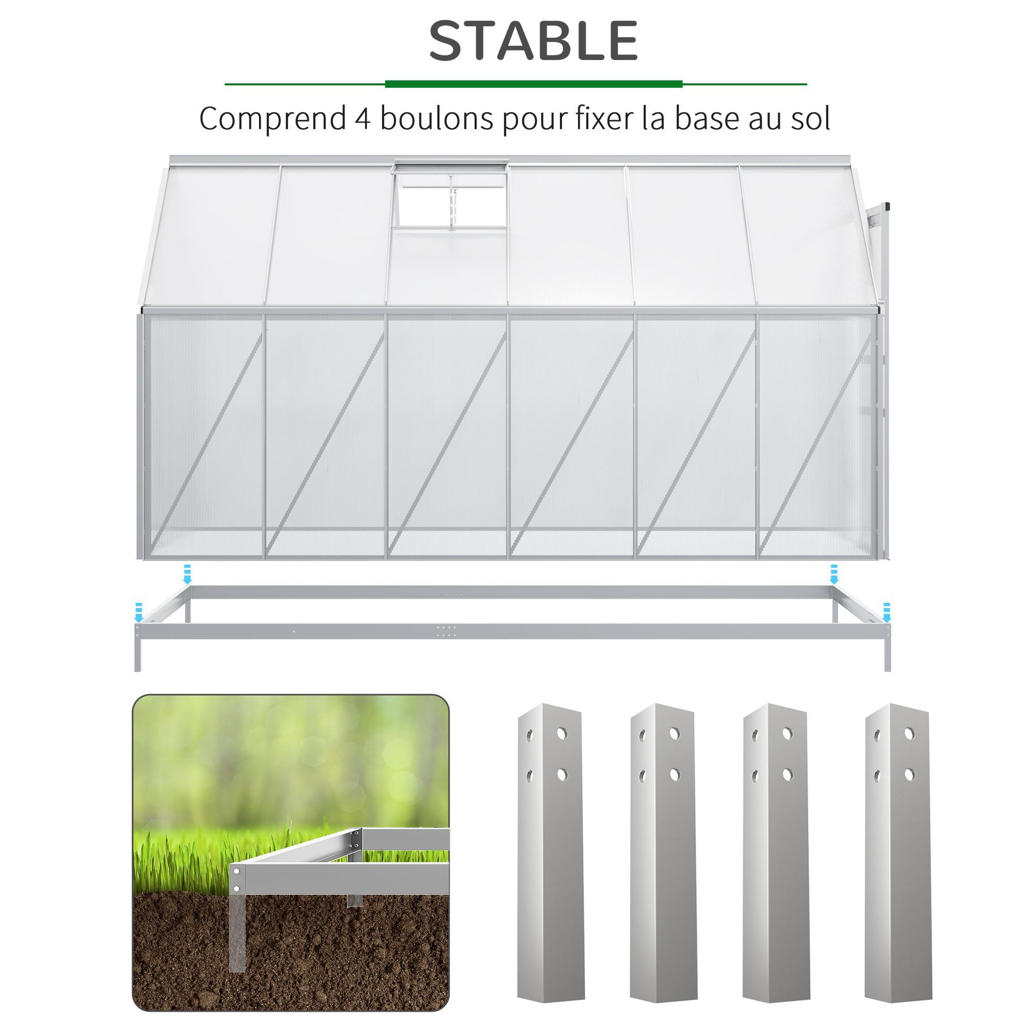 Voir la diapositive 6 : OUTSUNNY Serre de jardin aluminium polycarbonate 7,12 m² dim. 3,75l x 1,9l x 2h m lucarne réglable fondation porte coulissante
