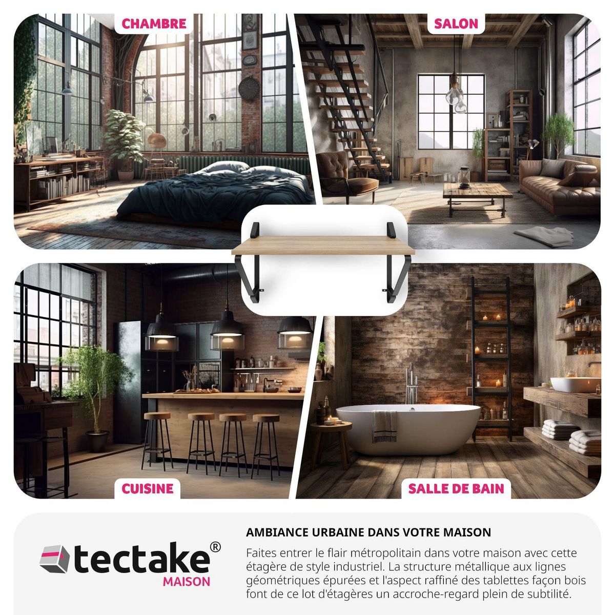 tectake Lot de 2 étagères murales style industriel Bois clair industriel, Chêne Sonoma