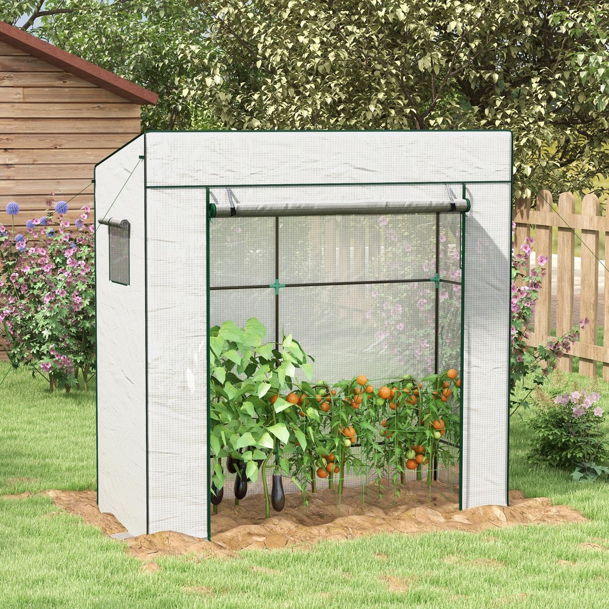 OUTSUNNY Serre de jardin murale serre adossée porte enroulable bâche PE renforcée 2 fenêtres 196L x 77l x 197/178H cm