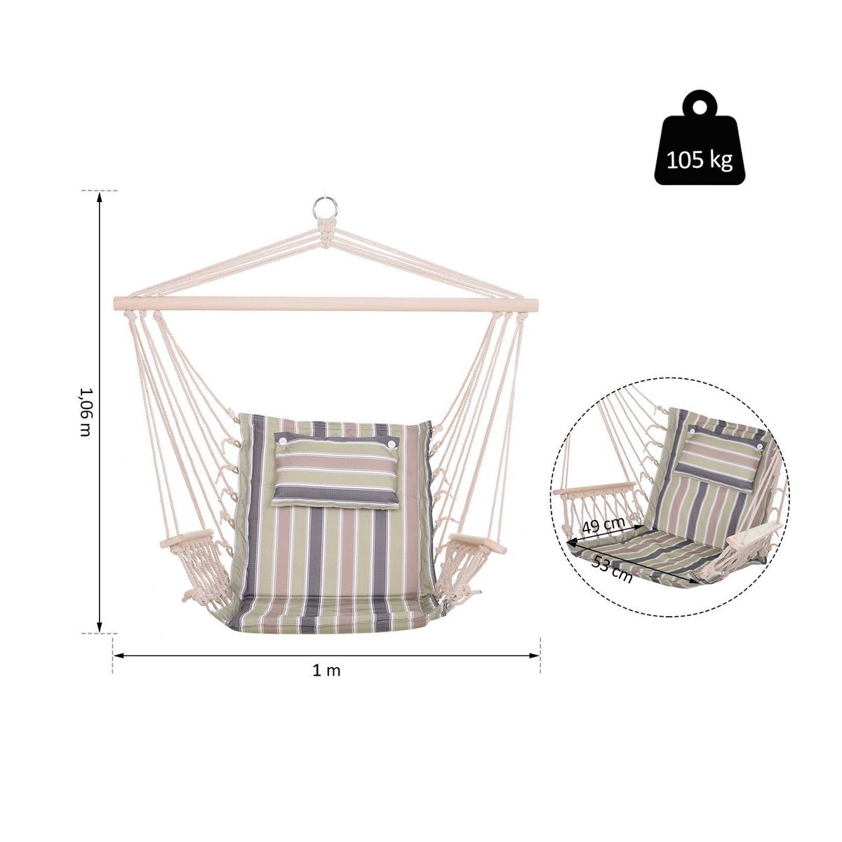 OUTSUNNY Chaise suspendue hamac de voyage respirant portable dim. 100L x 49l x 106H cm coton macramé polyester multicolore