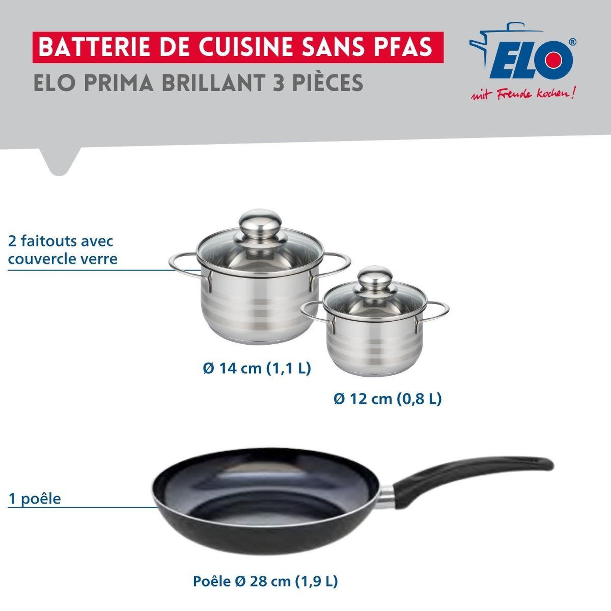 Voir la diapositive 2 : ELO Ensemble de 1 poêle de cuisson 28 cm et 2 faitouts 12 et 14 cm elo prima brillant