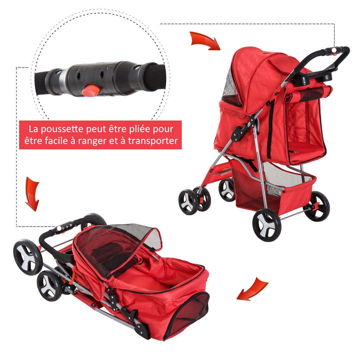 PAWHUT Poussette buggy pour chiens 75L x 46l x 94H cm pliable imperméable tissu 600D Oxford 4 roues rouge