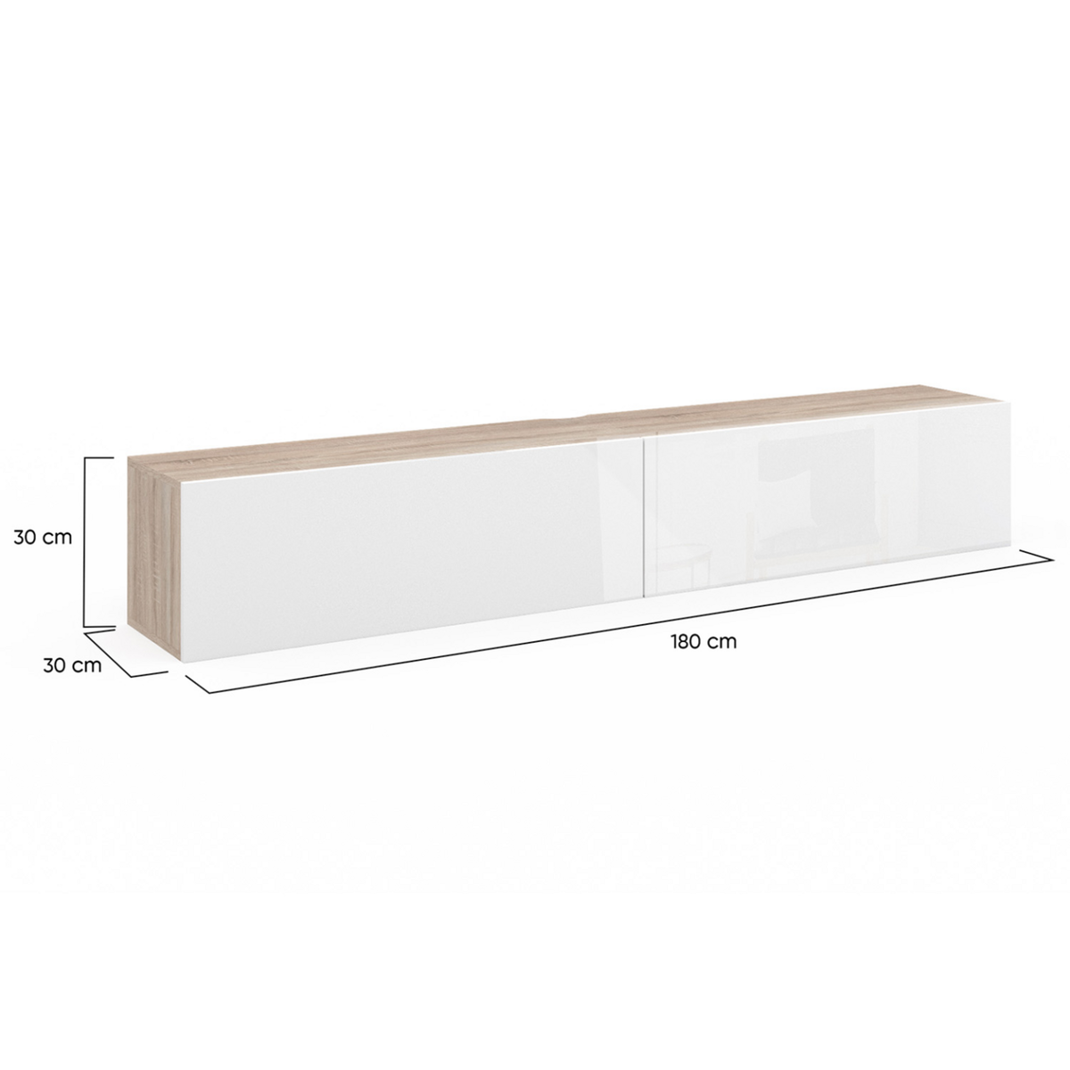 ID MARKET Meuble TV 180 cm suspendu ELIO 2 portes bois et blanc