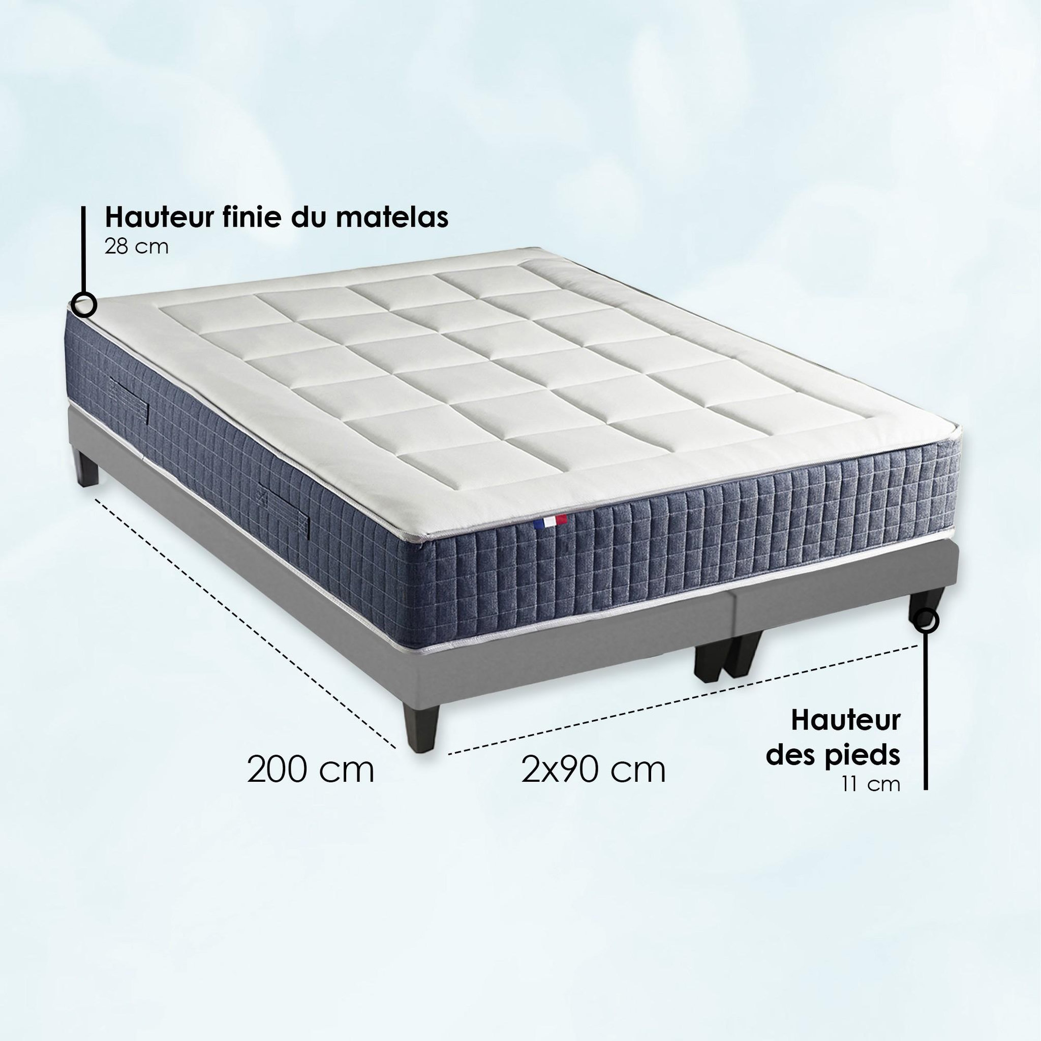 Voir la diapositive 5 : IDLITERIE Ensemble Matelas Ressort 7 zones + Mémoire de forme + Sommier KING STYLE + couette + oreillers - Fabriqué en France