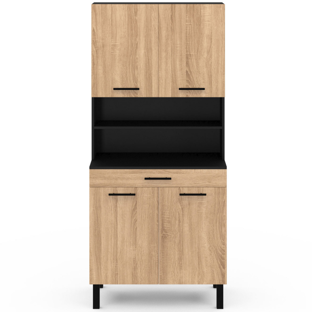 ID MARKET Buffet de cuisine 80 CM CINA 4 portes + tiroir noir et façon hêtre