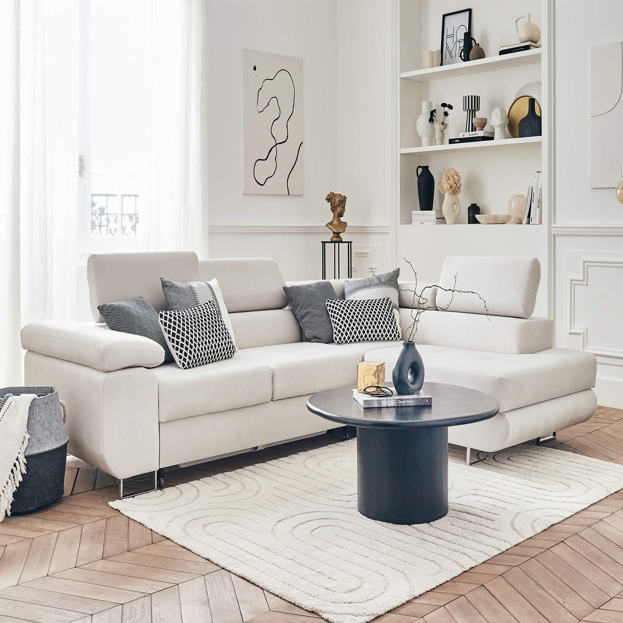 Voir la diapositive 6 : BEST MOBILIER Pablo - canapé d'angle droit - 5 places - convertible avec coffre et têtières réglables - en velours