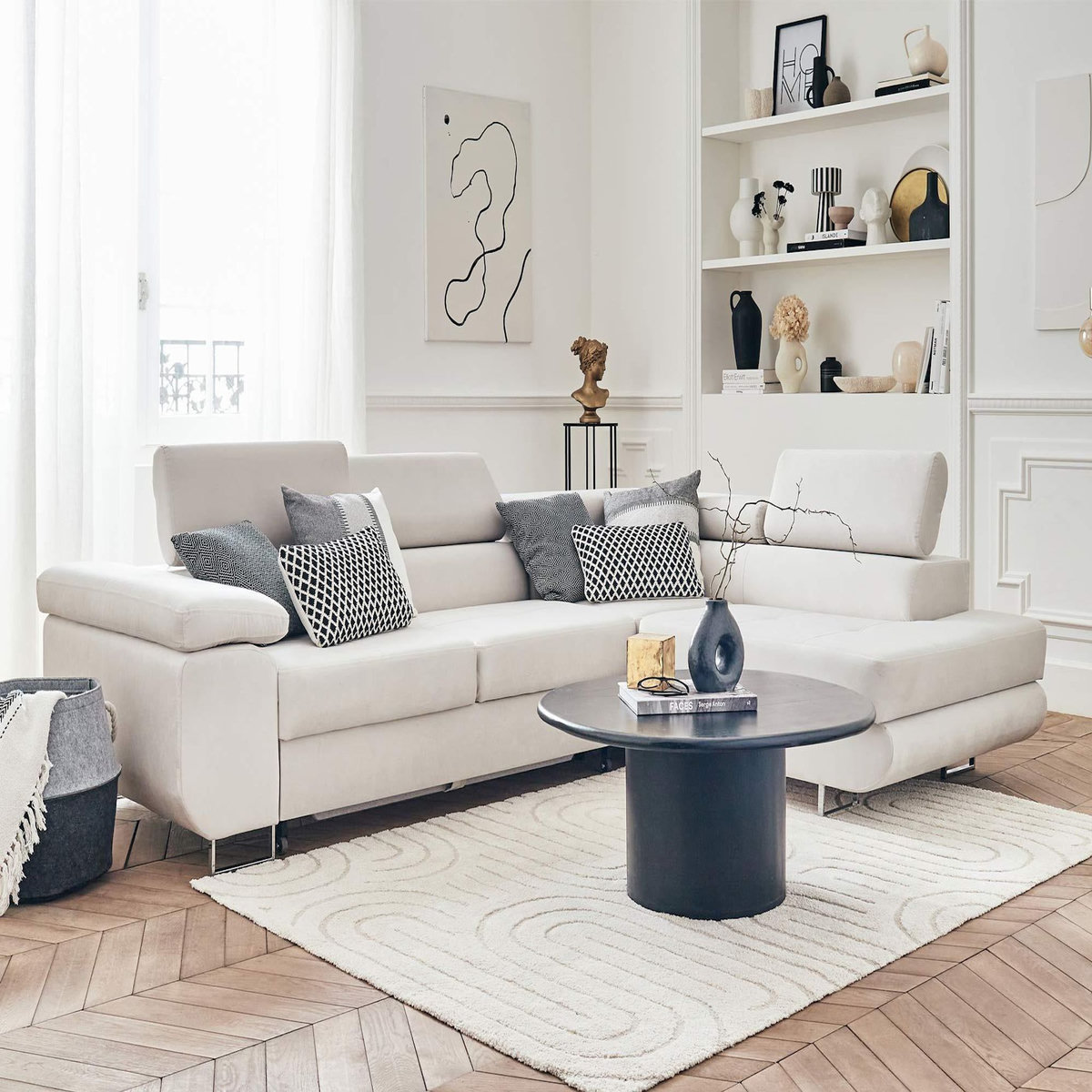 BEST MOBILIER Pablo - canapé d'angle droit - 5 places - convertible avec coffre et têtières réglables - en velours